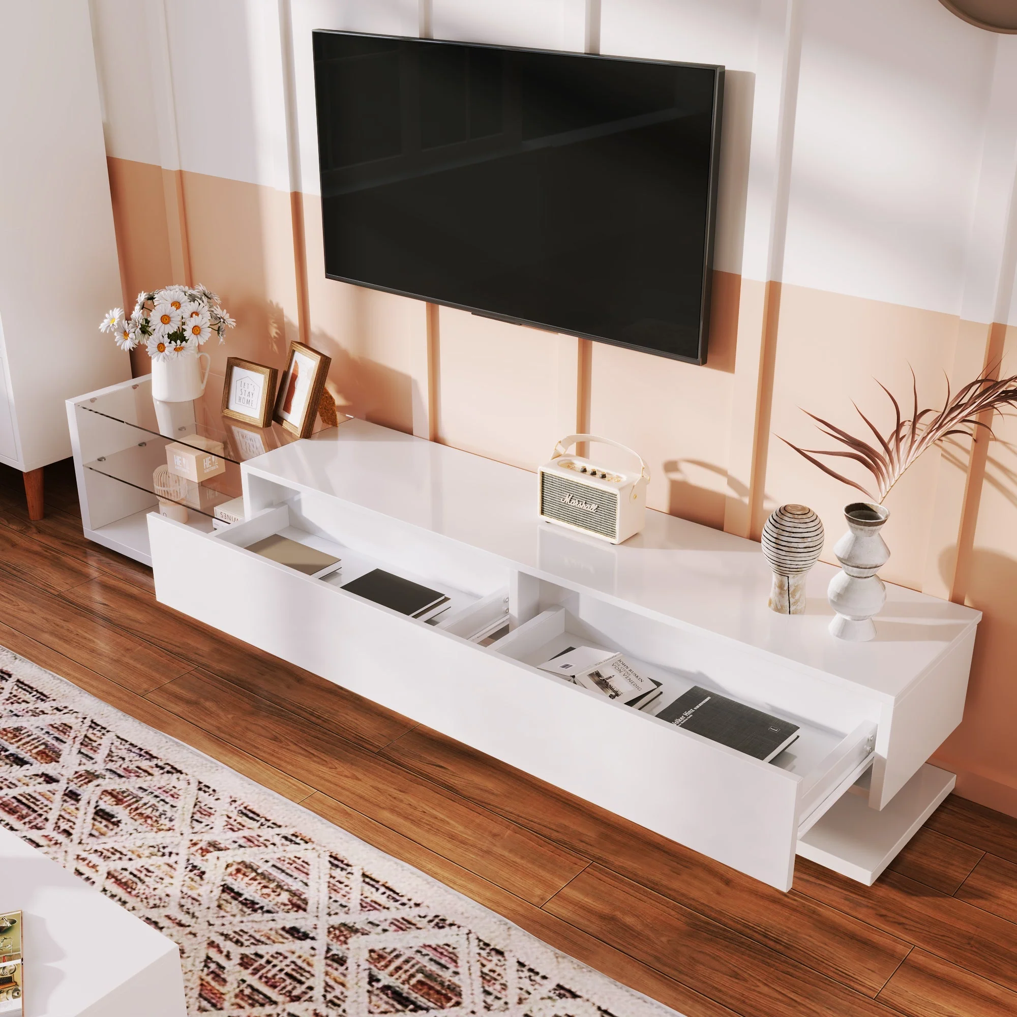 TV Cabinet, Low Panel with Glass Partitions & LED Lighting, High-Gloss White - Image 9