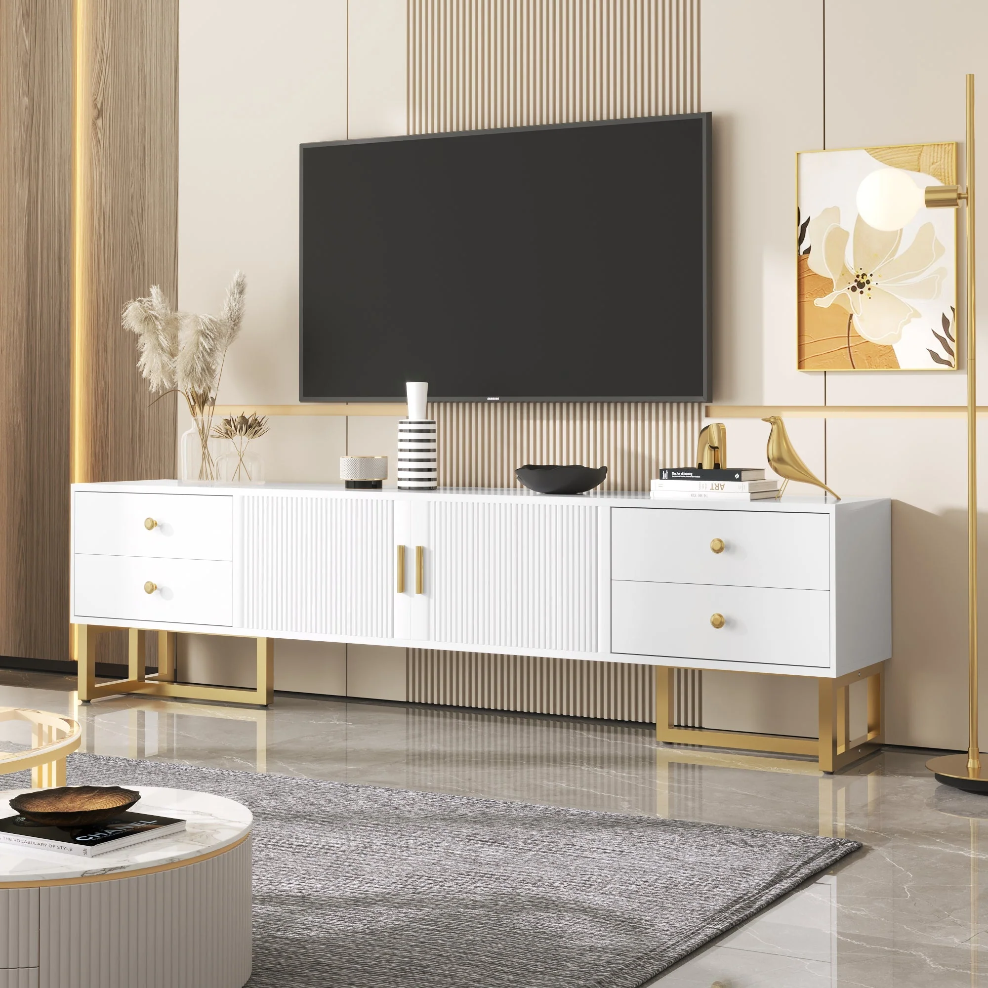 TV Cabinet, Low Panel with Textured Door & Drawers, Gold Handles & Feet - Image 2
