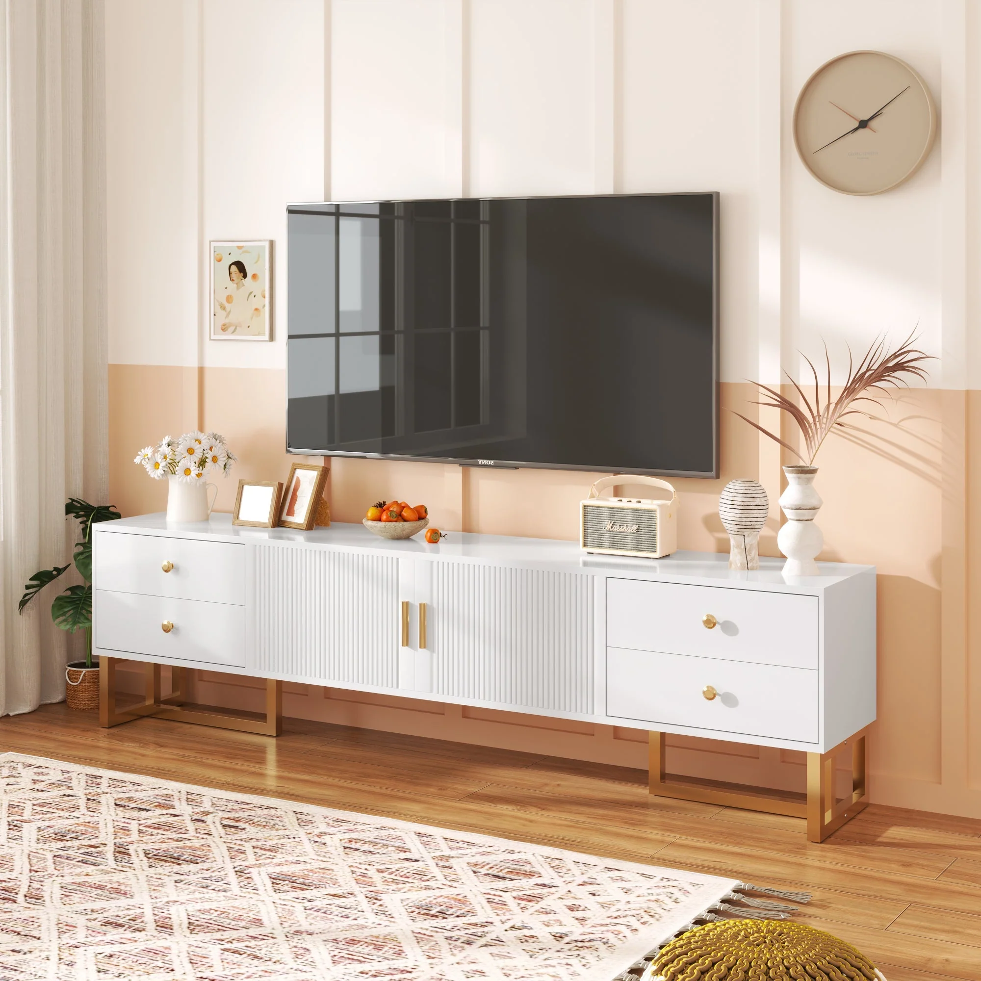 TV Cabinet, Low Panel with Textured Door & Drawers, Gold Handles & Feet - Image 5