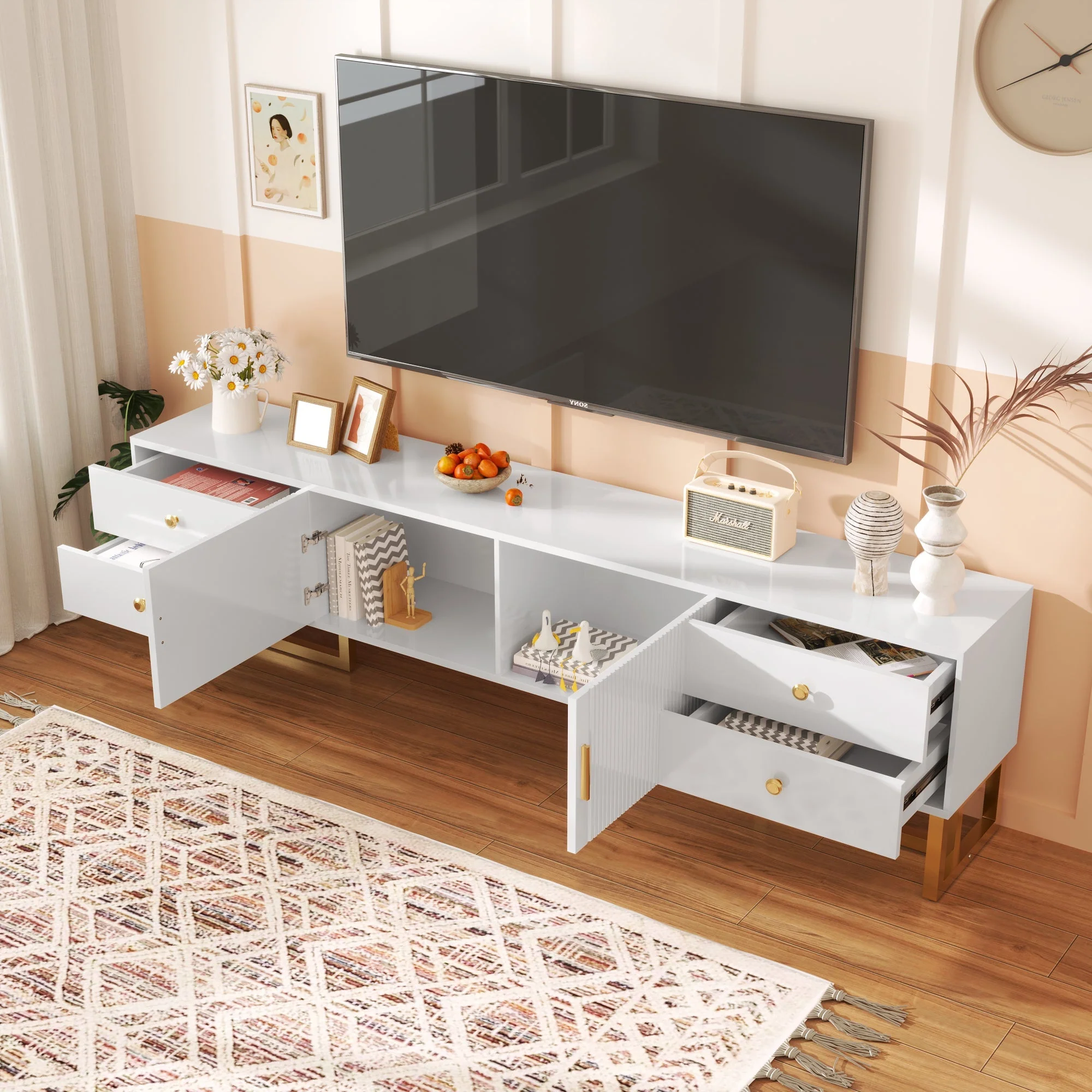 TV Cabinet, Low Panel with Textured Door & Drawers, Gold Handles & Feet - Image 7