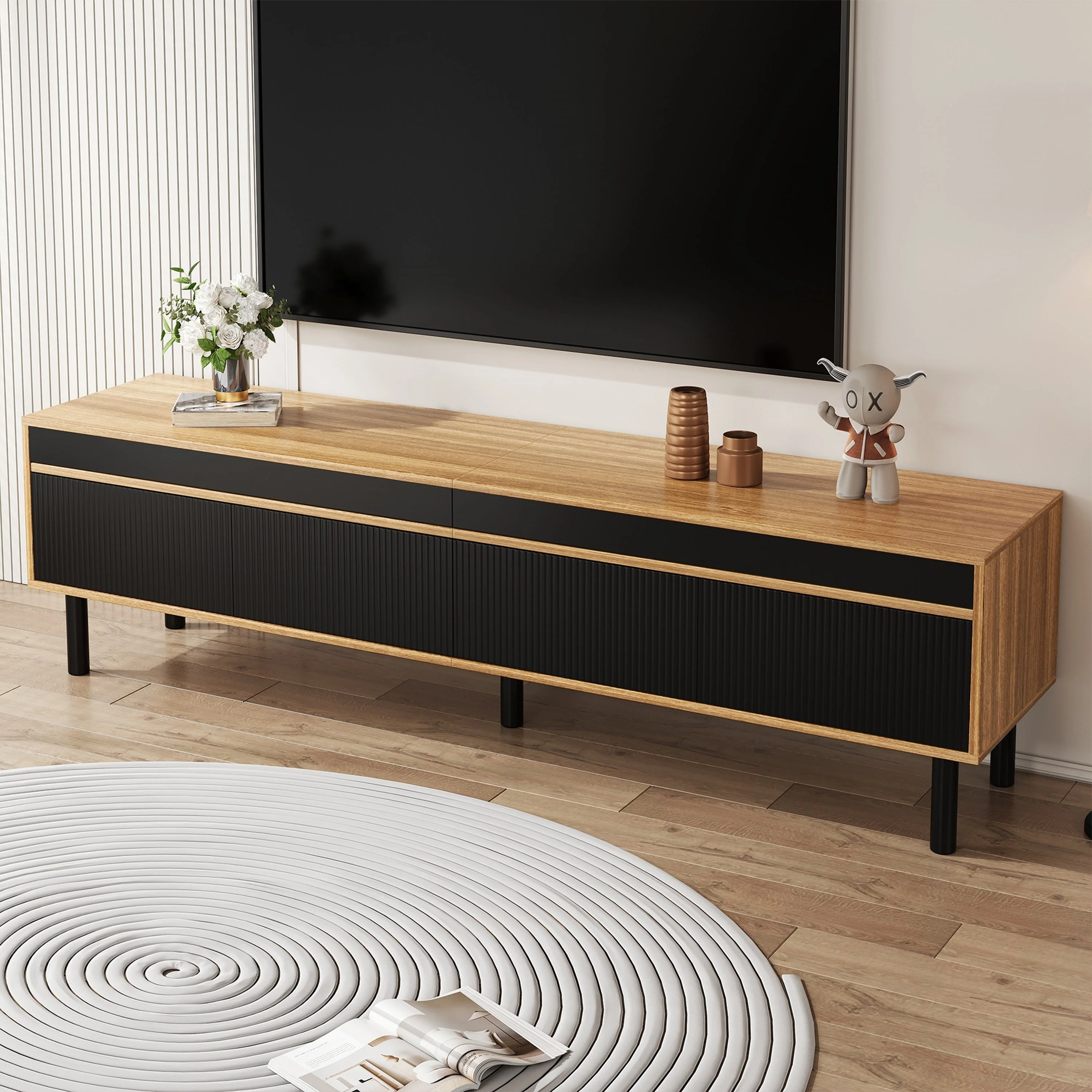 TV Cabinet, Low with Four Doors, Black and Wood - Image 4
