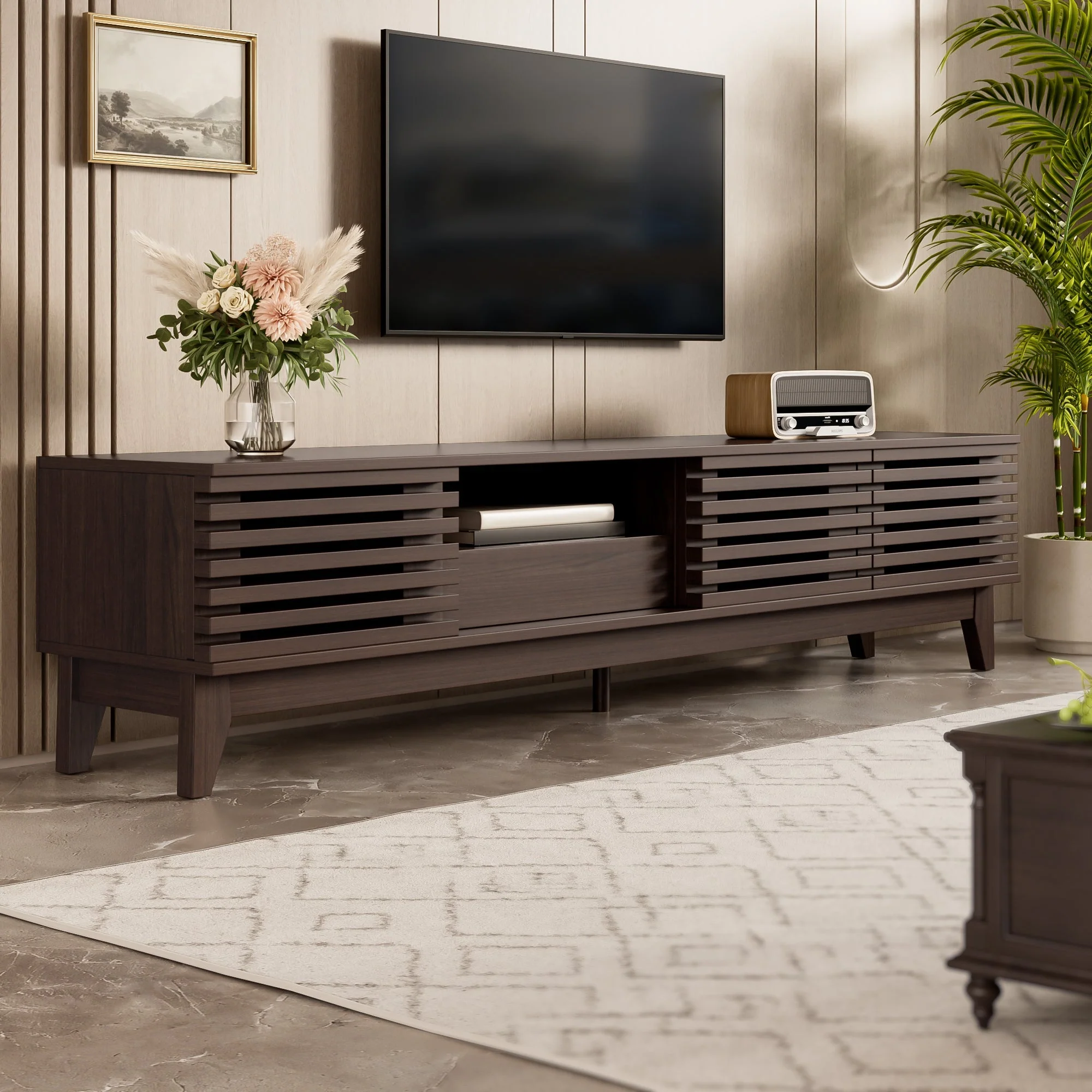 TV Cabinet Lowboard 1 Drawer 3 Doors 170cm Vintage Wood Finish - Image 3