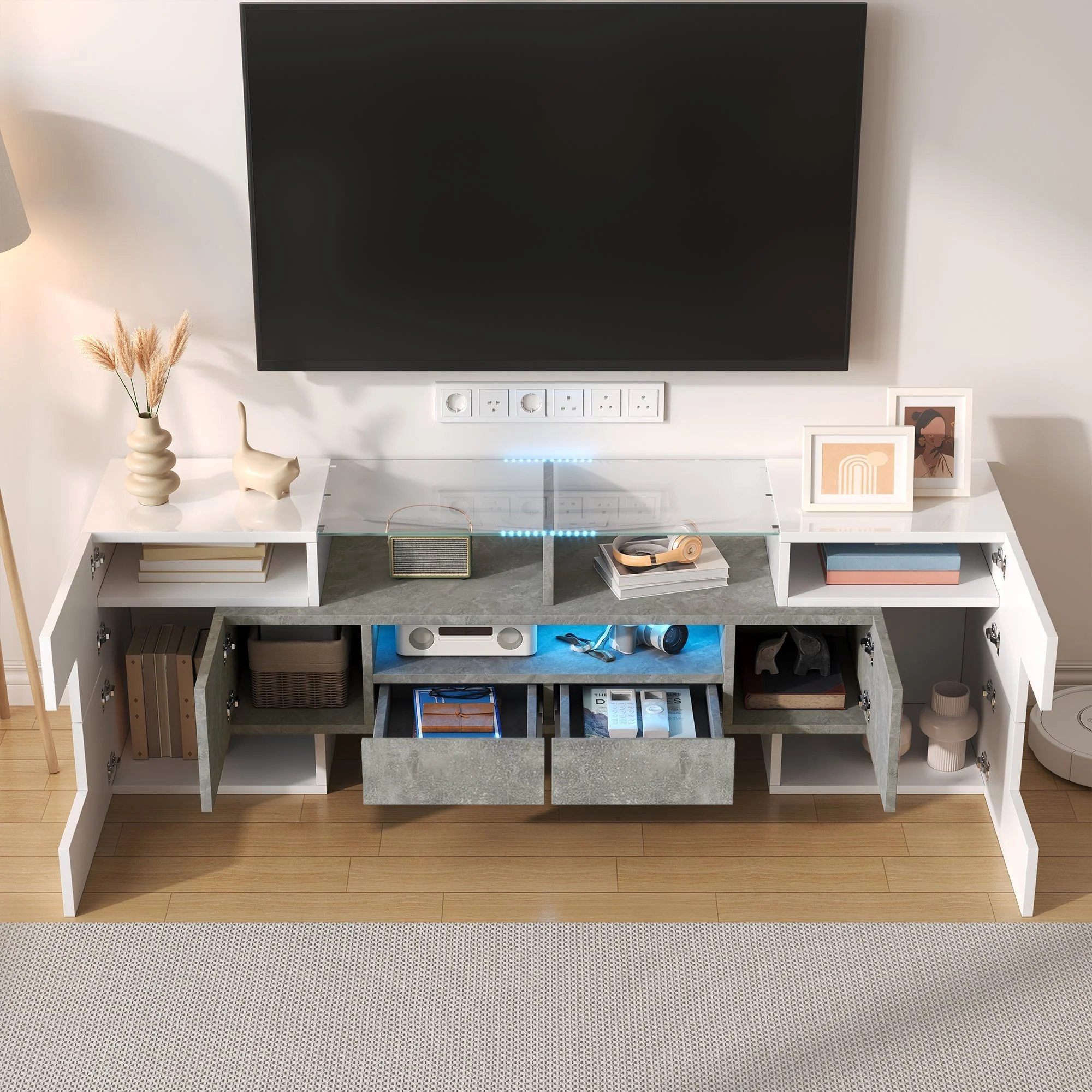 TV Cabinet Lowboard 145cm LED Lighting Modern High-Gloss White - Image 4