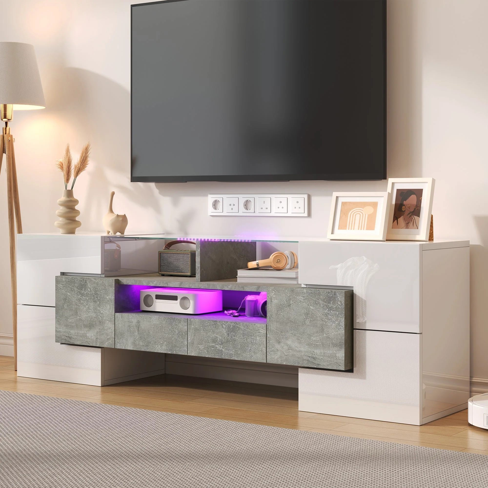TV Cabinet Lowboard 145cm LED Lighting Modern High-Gloss White - Image 6