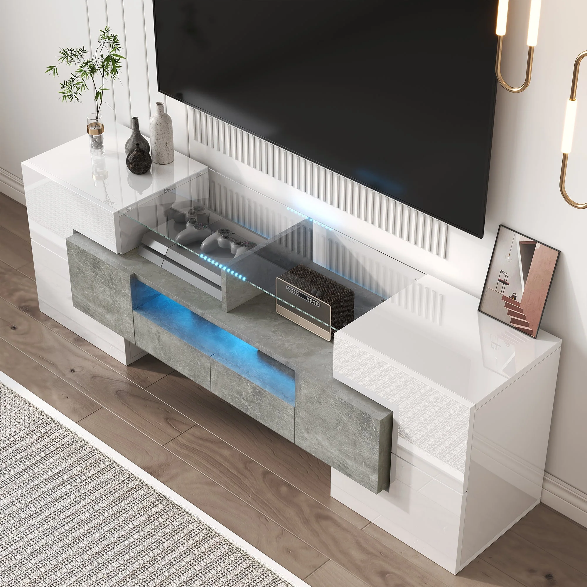 TV Cabinet Lowboard 145cm LED Lighting Modern High-Gloss White - Image 8