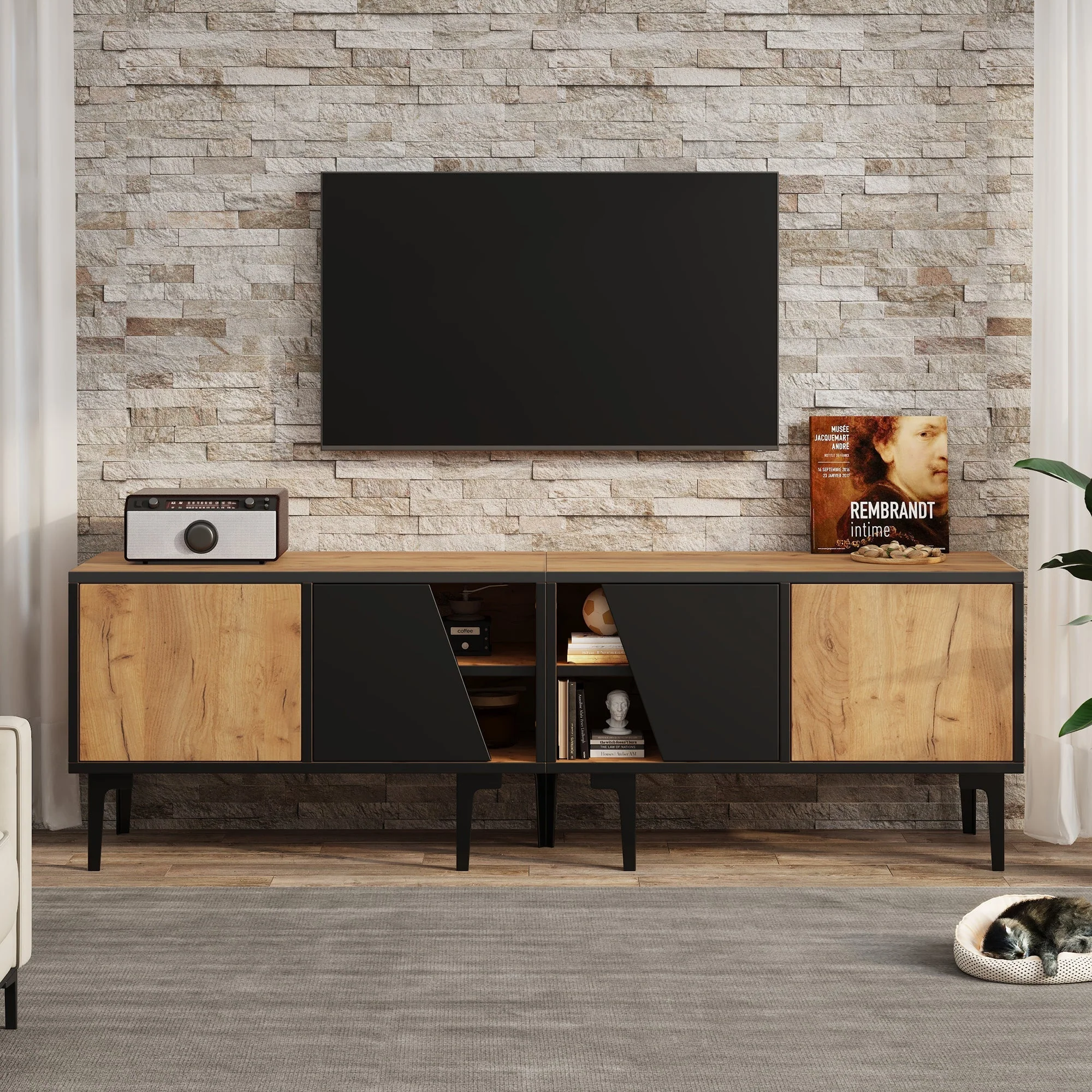 TV Cabinet Lowboard 160cm 4 Compartments Minimalist for 65 Inch TV - Natural Wood Color