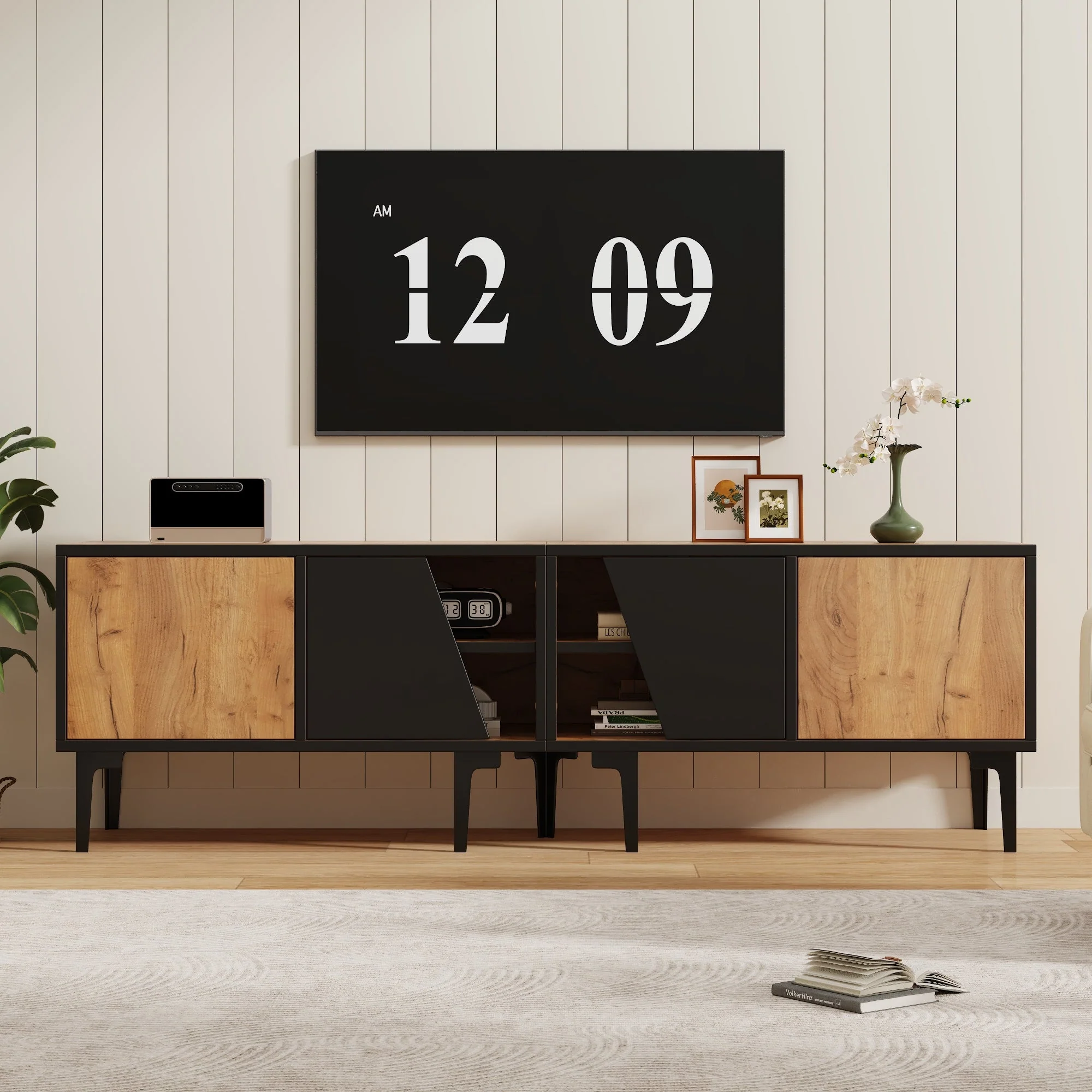TV Cabinet Lowboard 160cm 4 Compartments Minimalist for 65 Inch TV - Natural Wood Color - Image 2