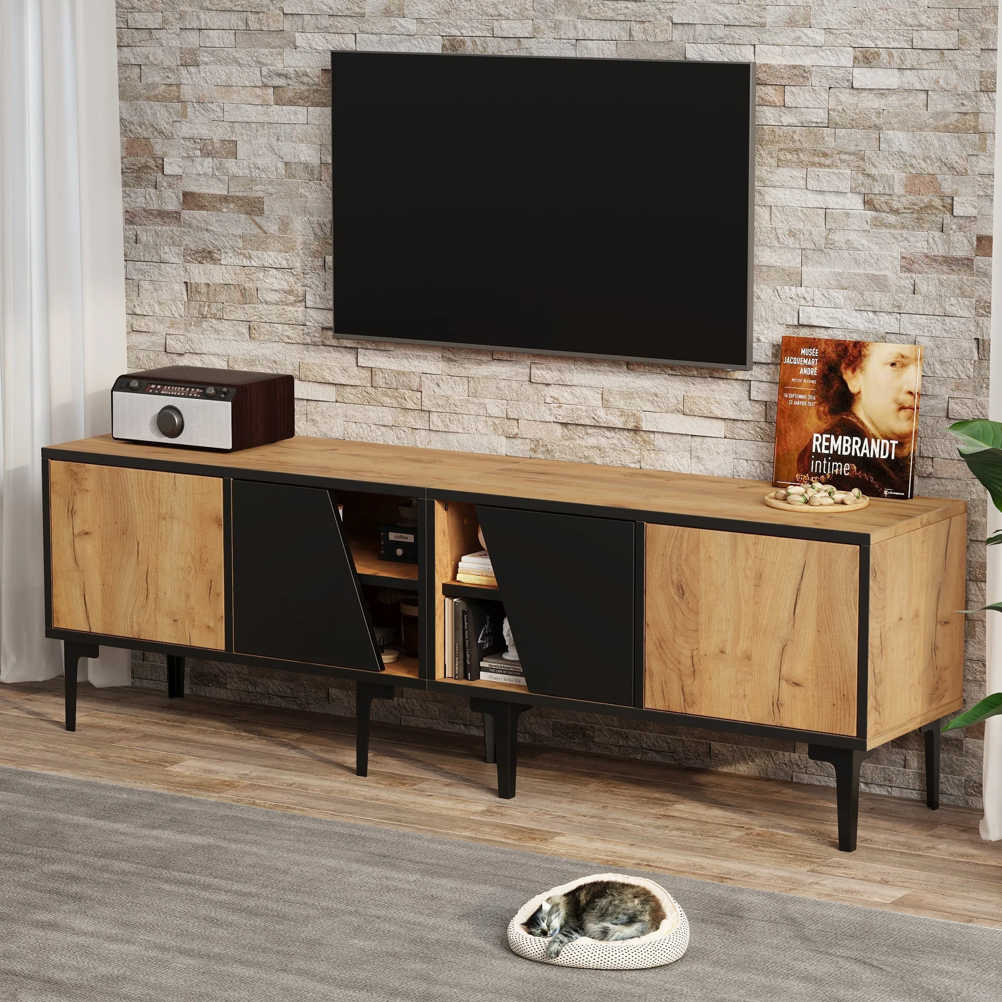 TV Cabinet Lowboard 160cm 4 Compartments Minimalist for 65 Inch TV - Natural Wood Color - Image 3