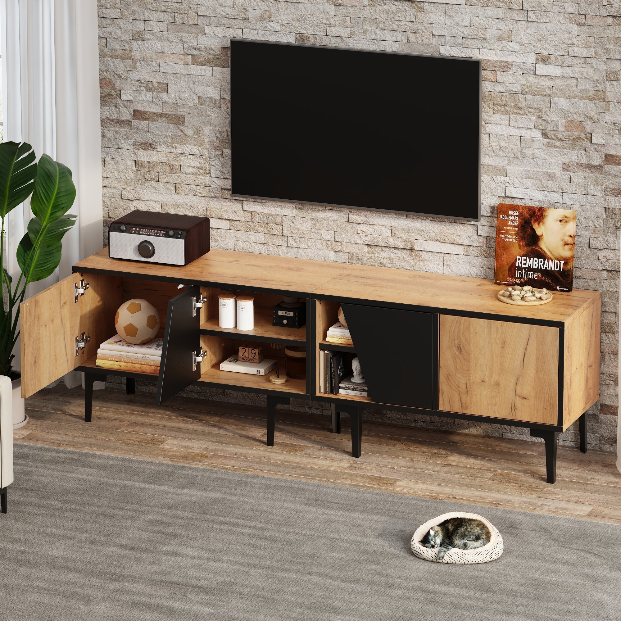 TV Cabinet Lowboard 160cm 4 Compartments Minimalist for 65 Inch TV - Natural Wood Color - Image 4