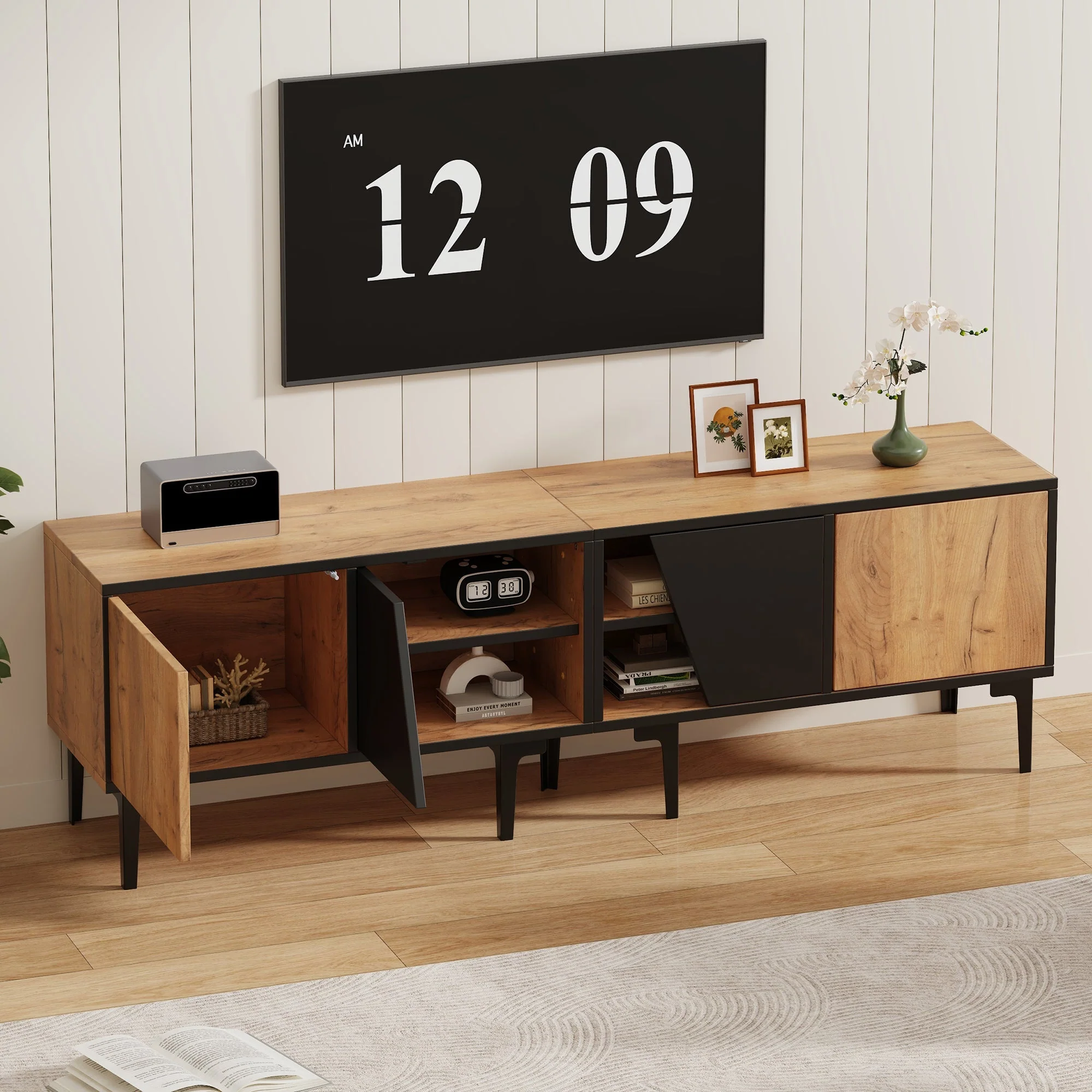 TV Cabinet Lowboard 160cm 4 Compartments Minimalist for 65 Inch TV - Natural Wood Color - Image 5