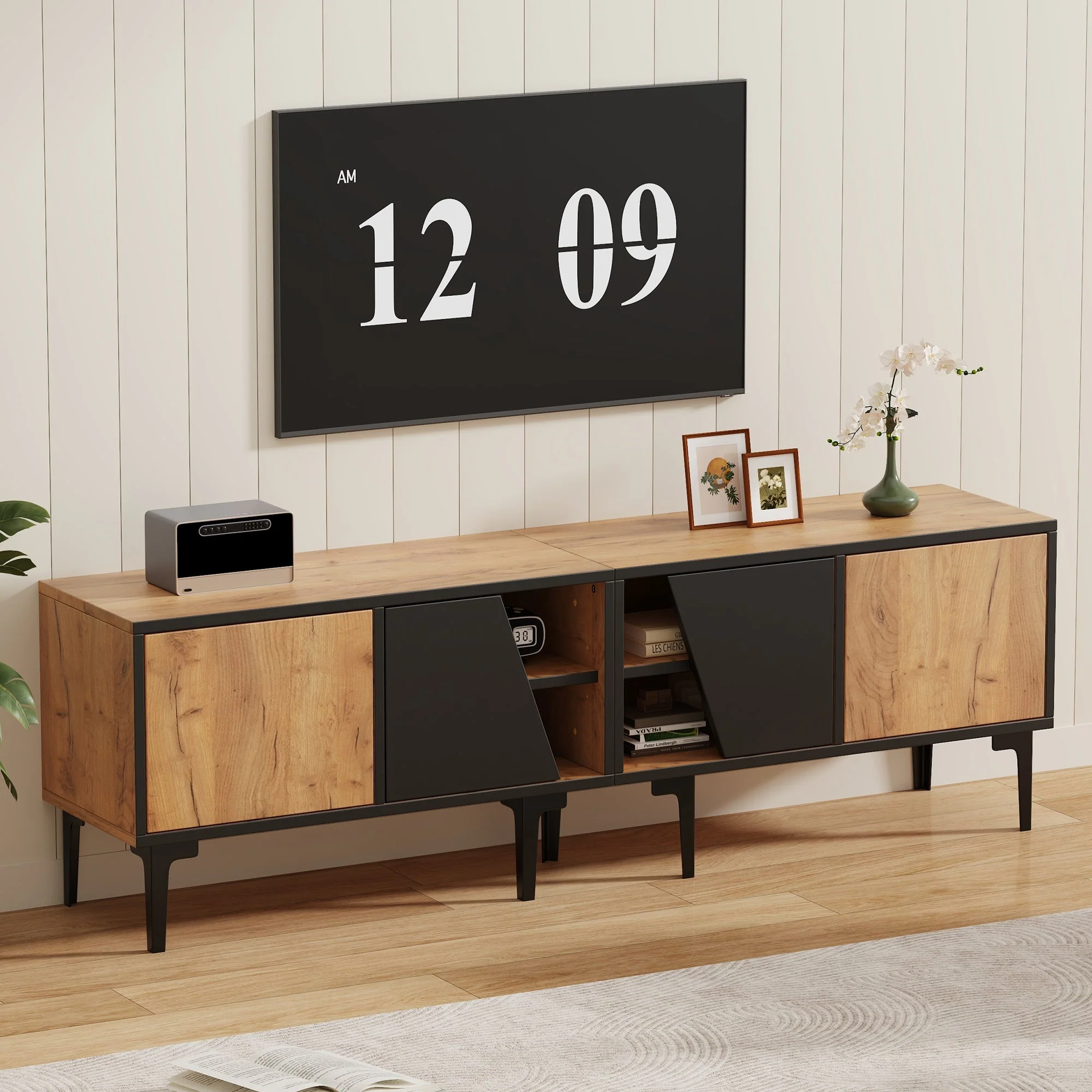 TV Cabinet Lowboard 160cm 4 Compartments Minimalist for 65 Inch TV - Natural Wood Color - Image 6