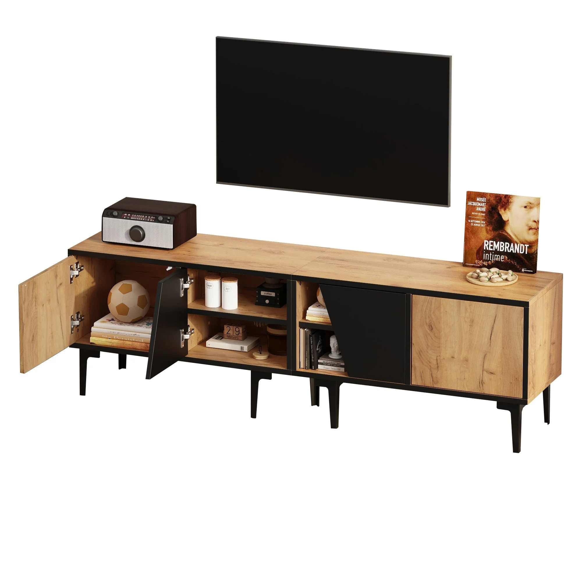 TV Cabinet Lowboard 160cm 4 Compartments Minimalist for 65 Inch TV - Natural Wood Color - Image 9