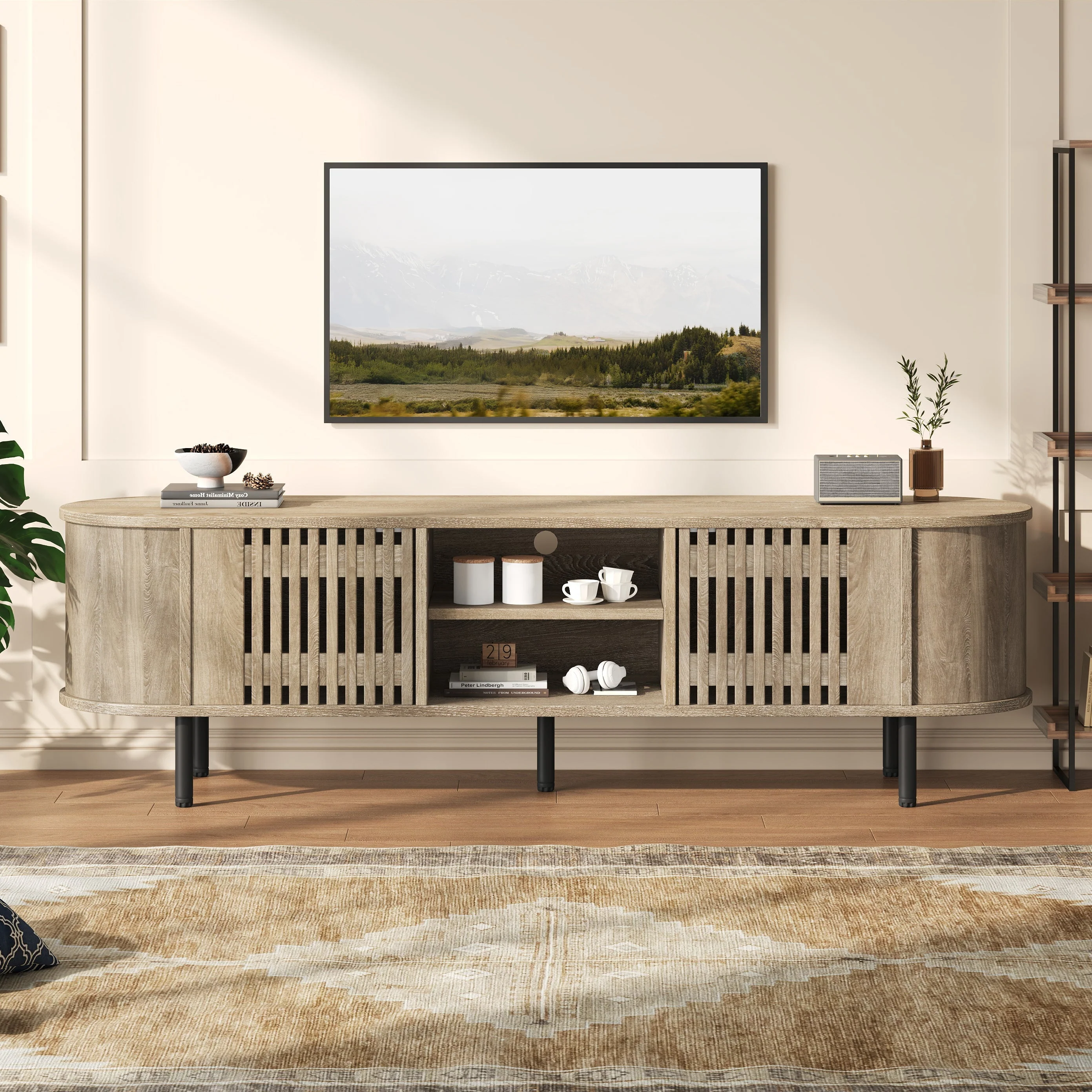 TV Cabinet Lowboard 160x40x47cm Openwork Design 2 Cabinets for 65" TV - Natural Wood - Image 2