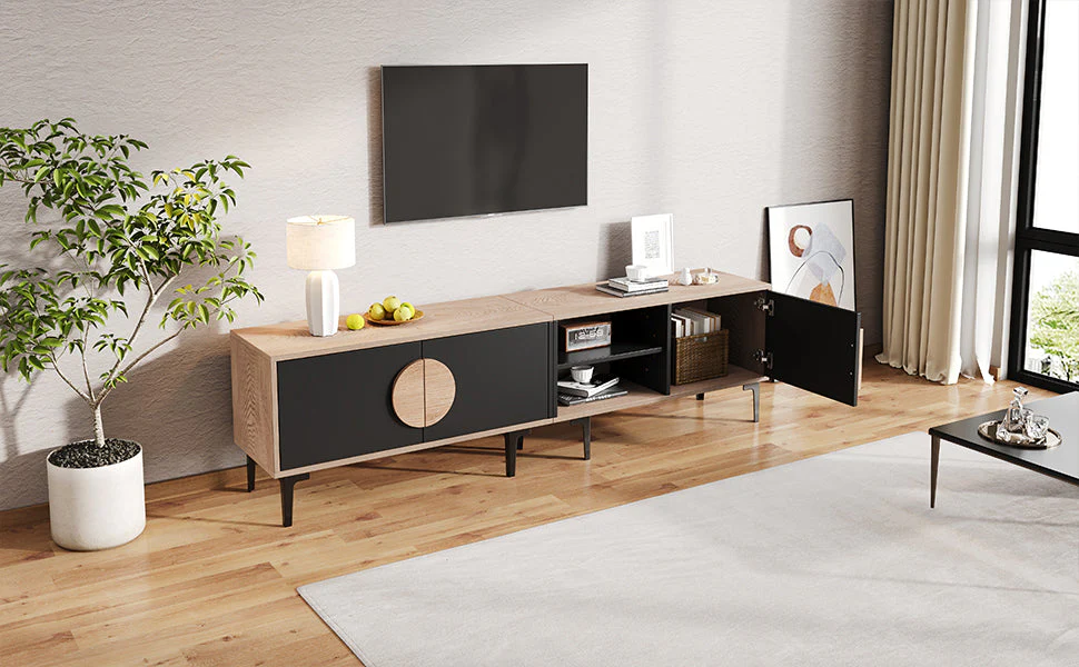 TV Cabinet Lowboard 180cm 2 Cabinets Open Shelves for 80 Inch TV - Wood/Black - Image 4