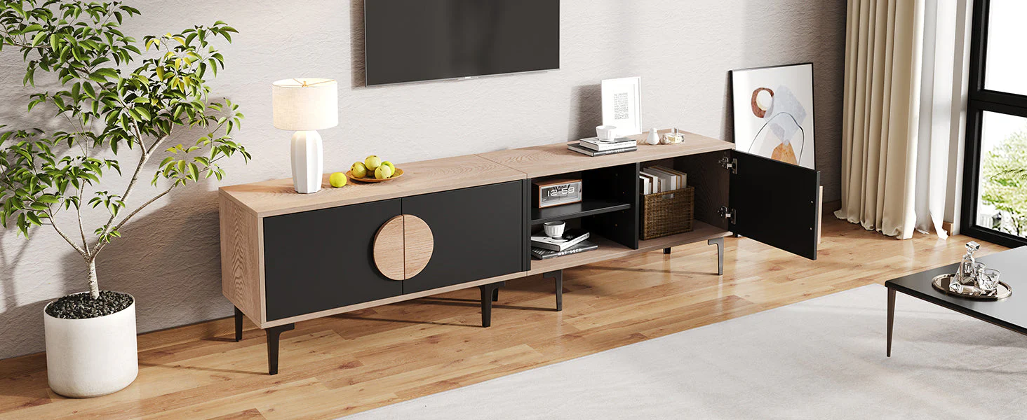 TV Cabinet Lowboard 180cm 2 Cabinets Open Shelves for 80 Inch TV - Wood/Black - Image 7