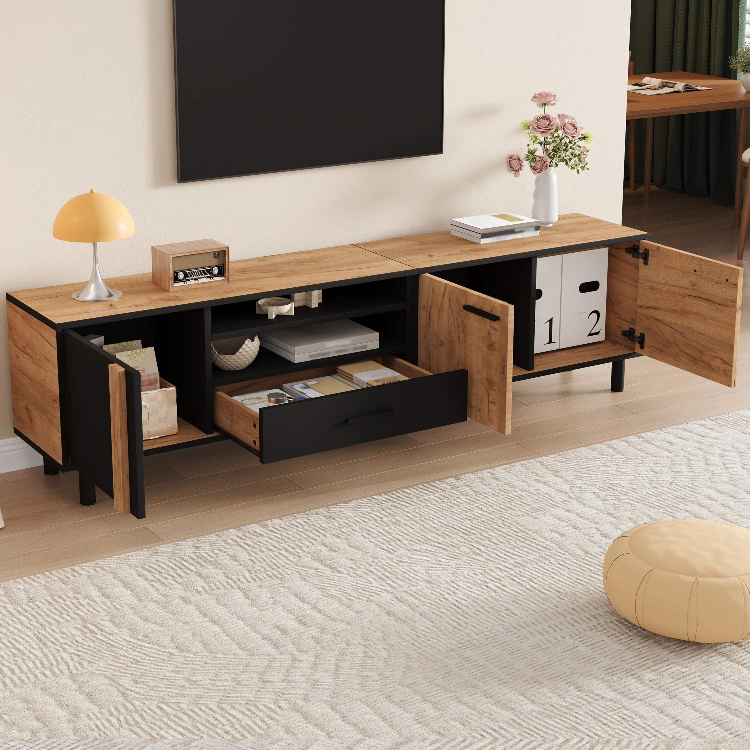 TV Cabinet Lowboard 180cm with 3 Cabinets 1 Drawer for 80 Inch TV - Image 5