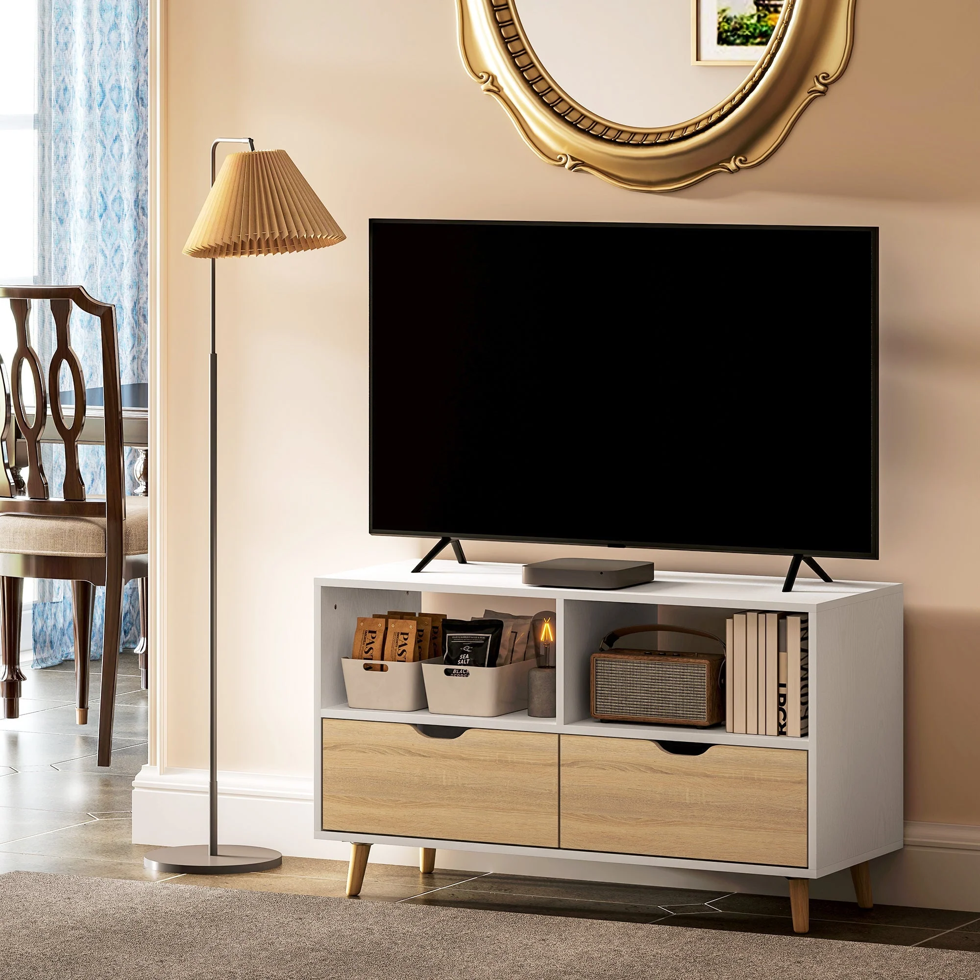 TV Cabinet Lowboard, 2 Shelves, Drawer, White - Image 8