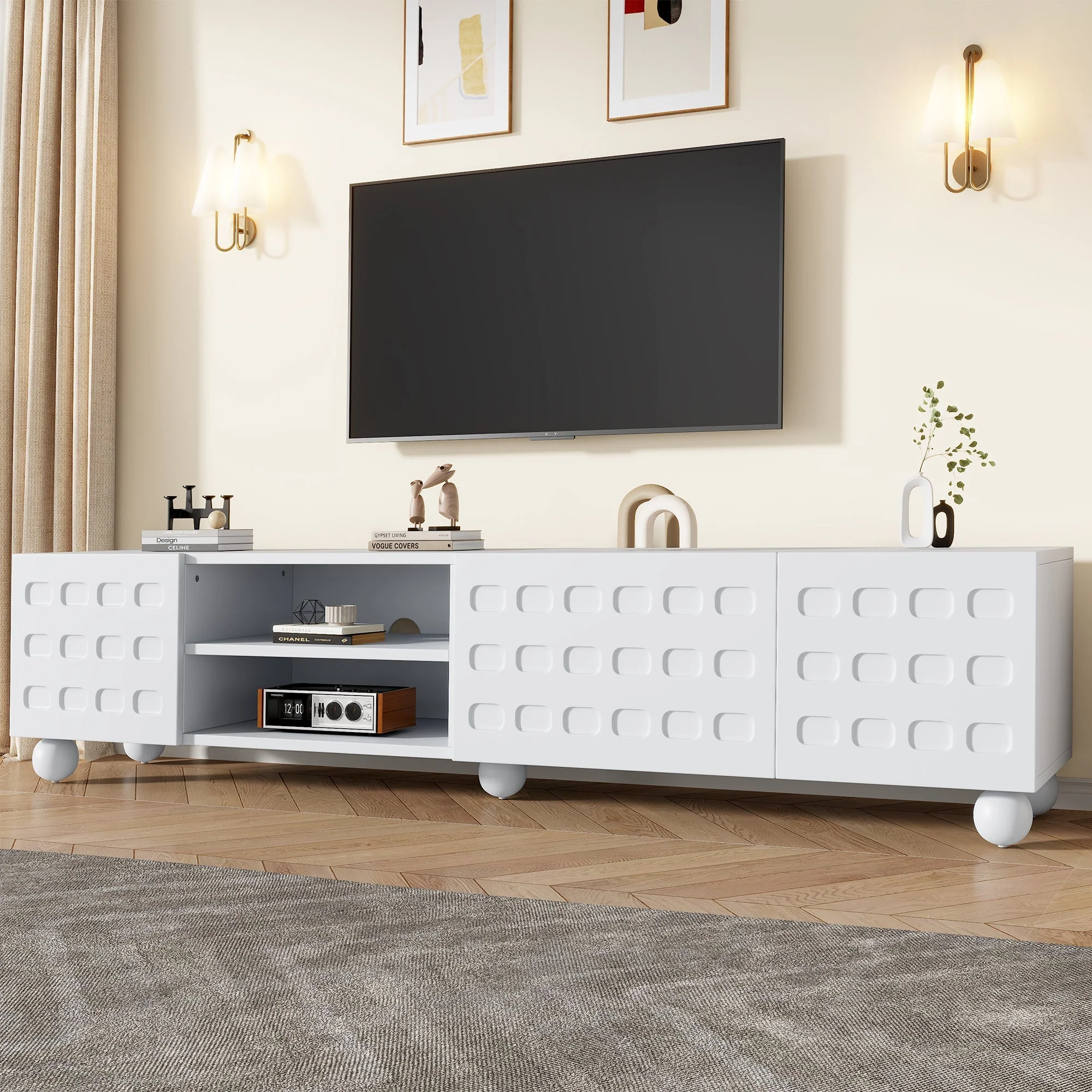 TV Cabinet Lowboard 200cm 3-Door Printed Design - White - Image 3