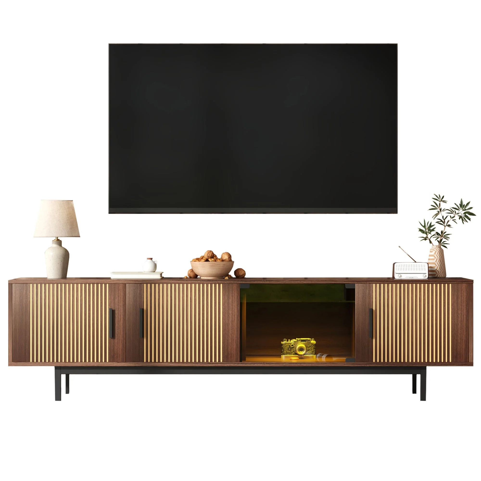 TV Cabinet Lowboard Carved Texture LED Light Tempered Glass - Image 2