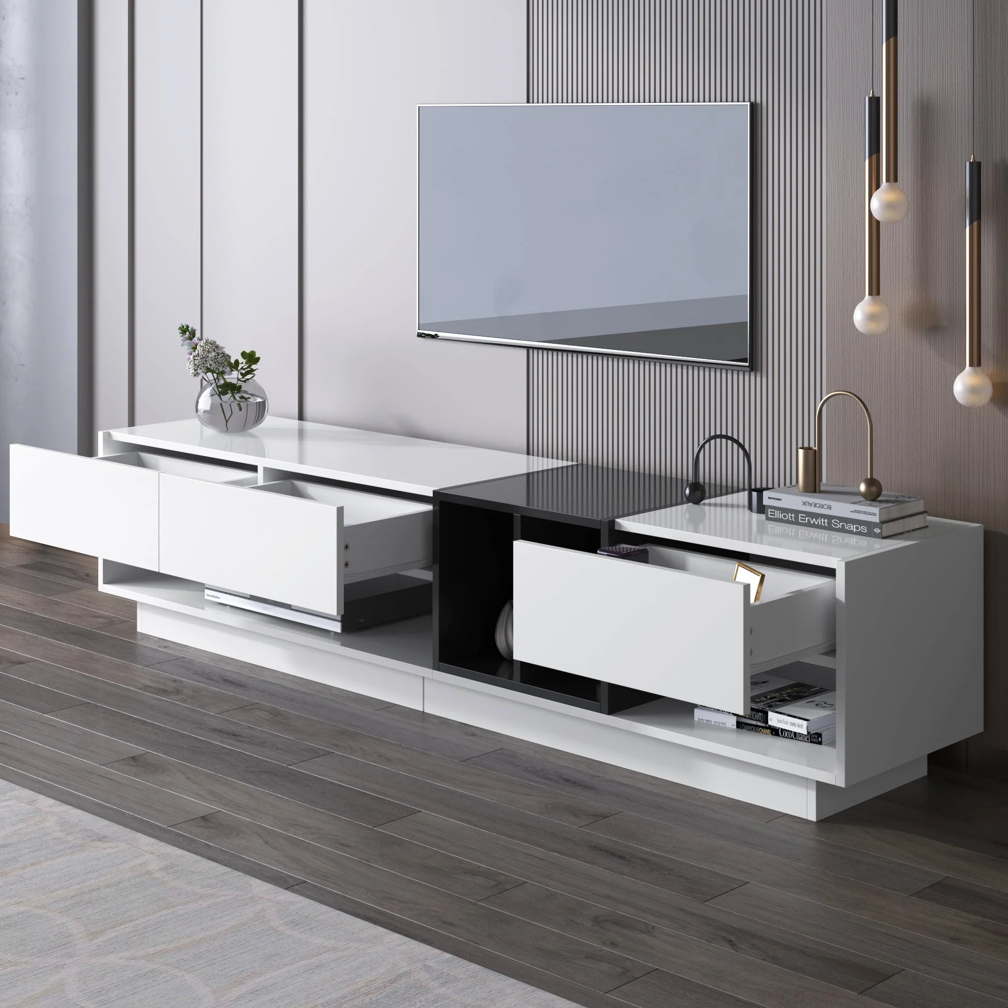 TV cabinet lowboard combination, color-blocking design with drawers and compartments, high-gloss white and black - Image 2