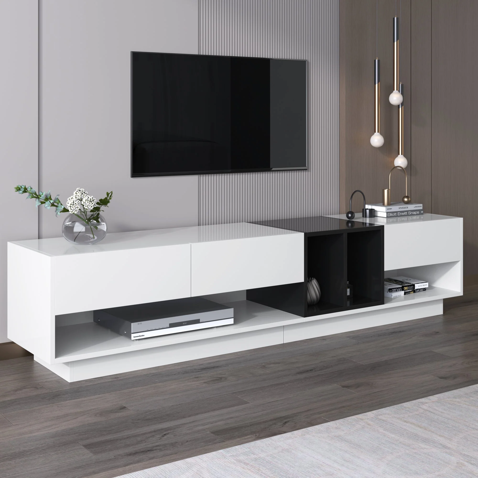 TV cabinet lowboard combination, color-blocking design with drawers and compartments, high-gloss white and black - Image 5