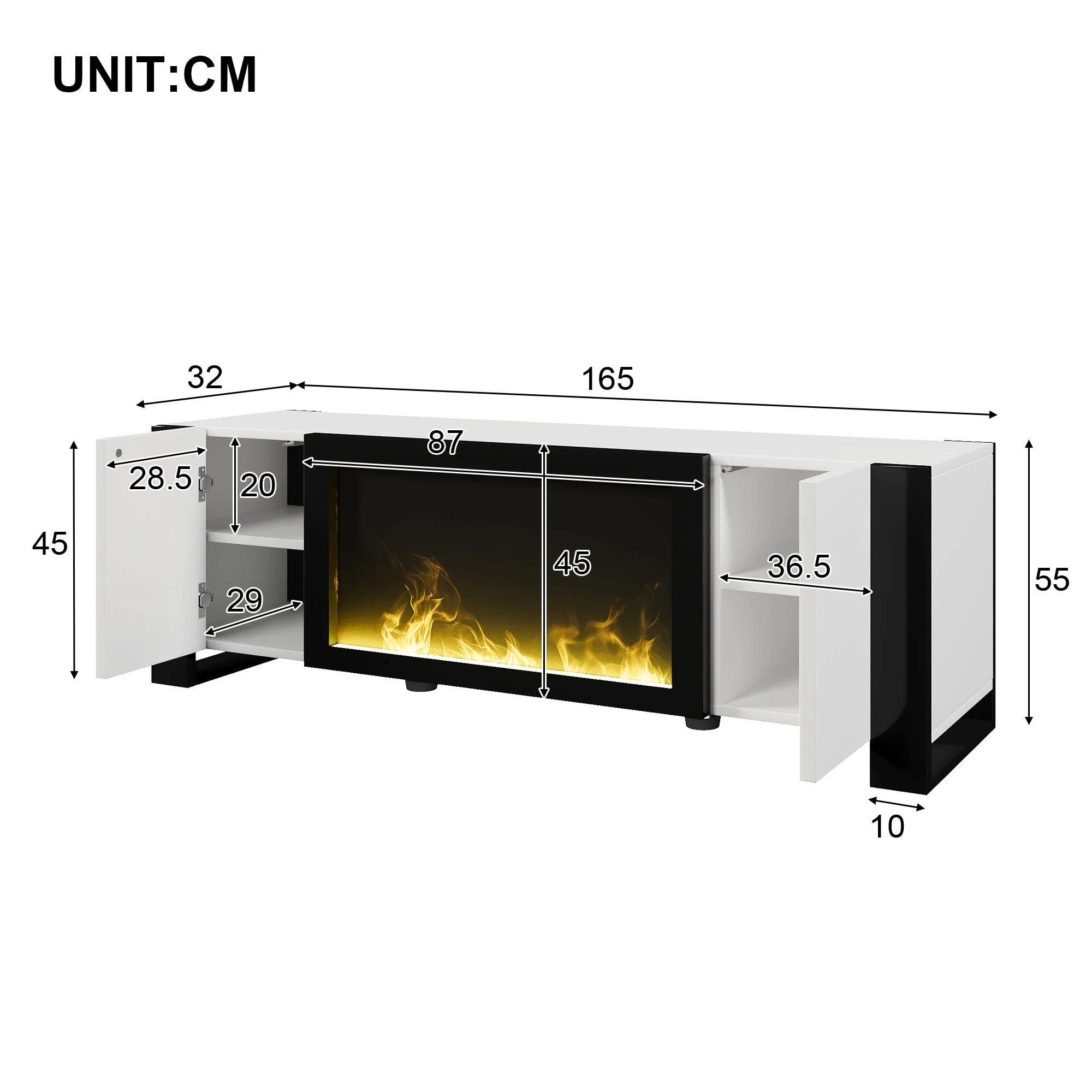 TV Cabinet, Lowboard Electric Fireplace High Gloss, White and Black - Image 6