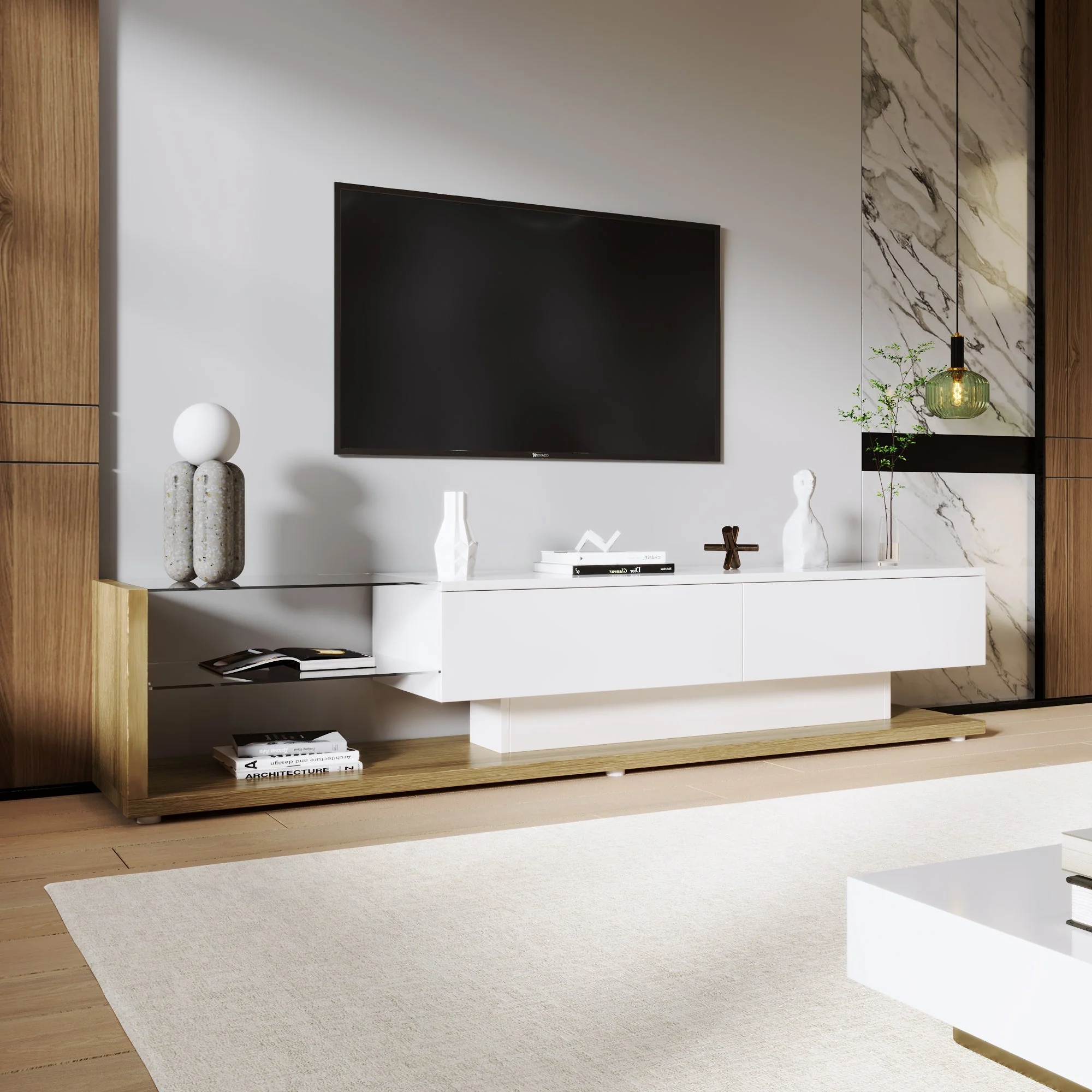 TV Cabinet Lowboard, LED Lighting Glass Partition, High-Gloss White and Wood - Image 5