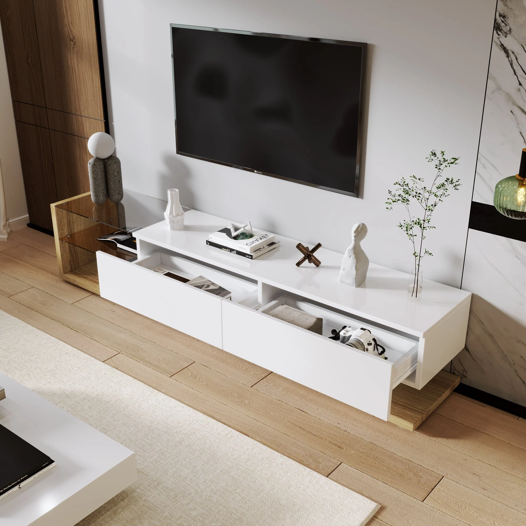 TV Cabinet Lowboard, LED Lighting Glass Partition, High-Gloss White and Wood - Image 8