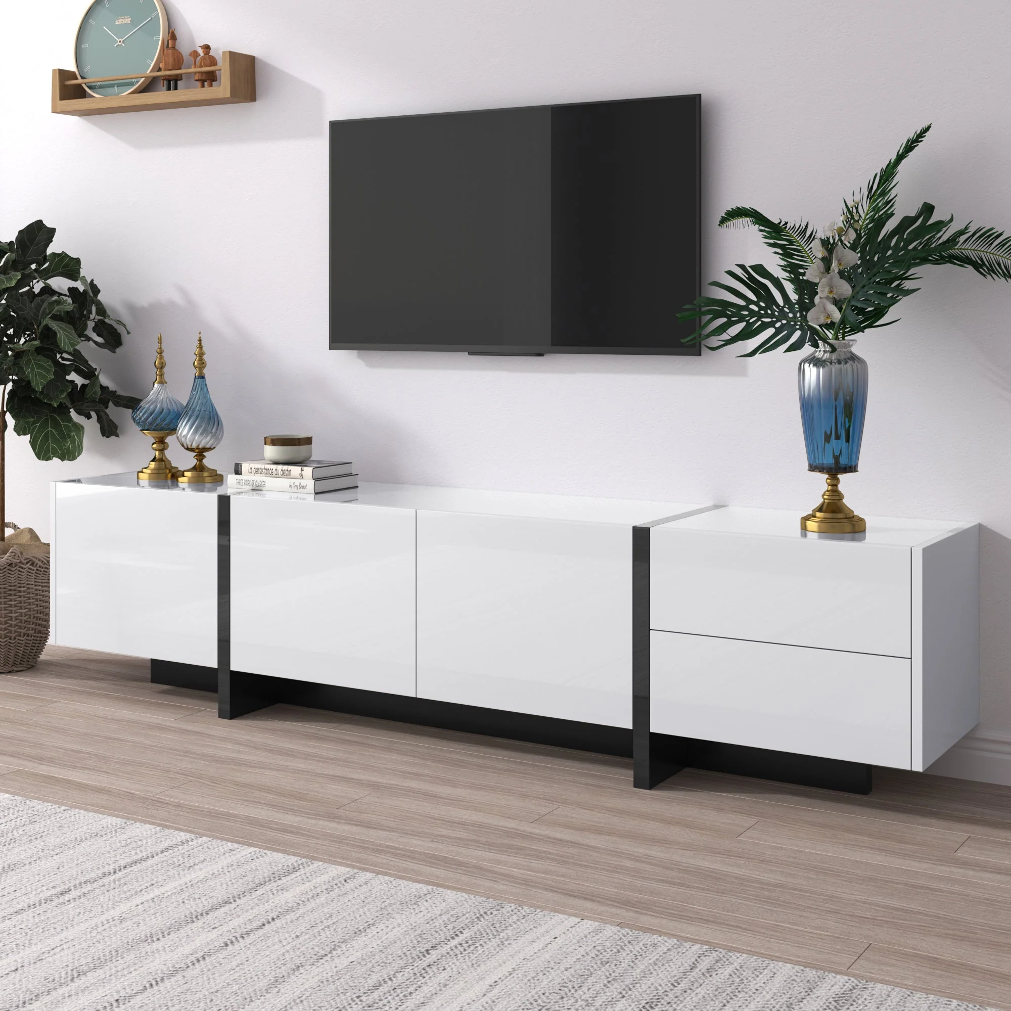 TV Cabinet Lowboard Panel Doors Drawers Shelves High-Gloss White and Black - Image 8