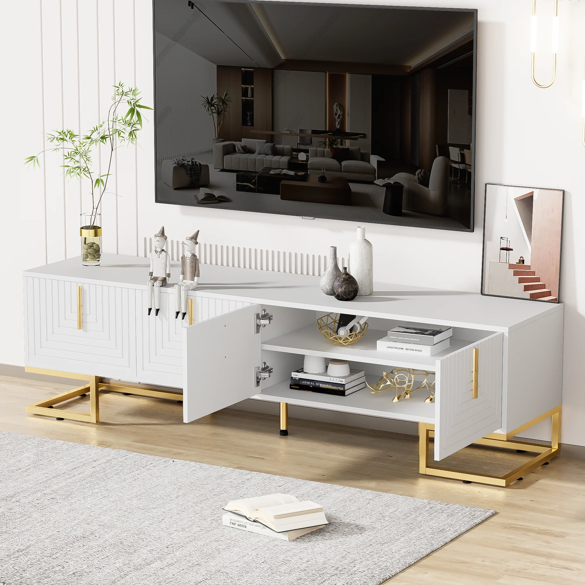 TV Cabinet Lowboard Textured Door Gold Handles and Feet - Image 4