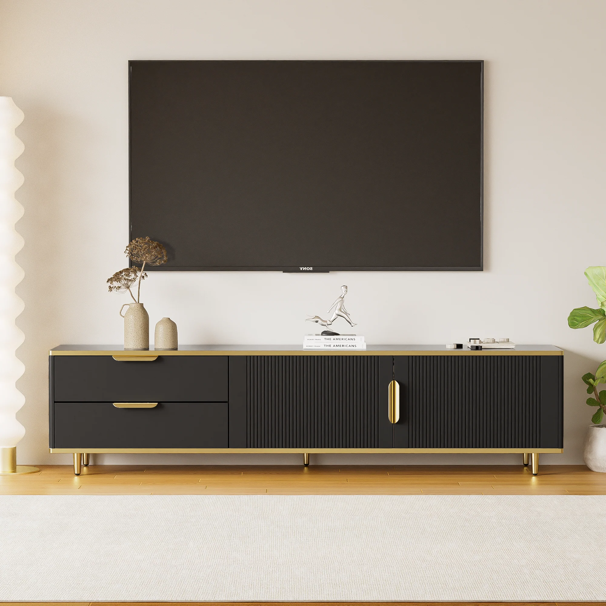 TV Cabinet, Lowboard with Carved Structure, Golden Accents