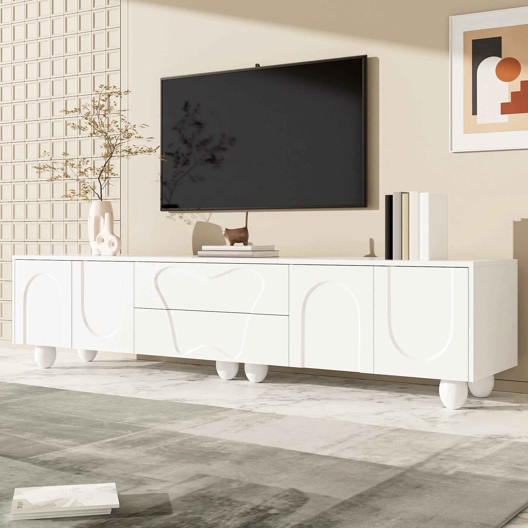 TV Cabinet, Minimalist Elegant with Storage, Wooden Legs White - Image 7