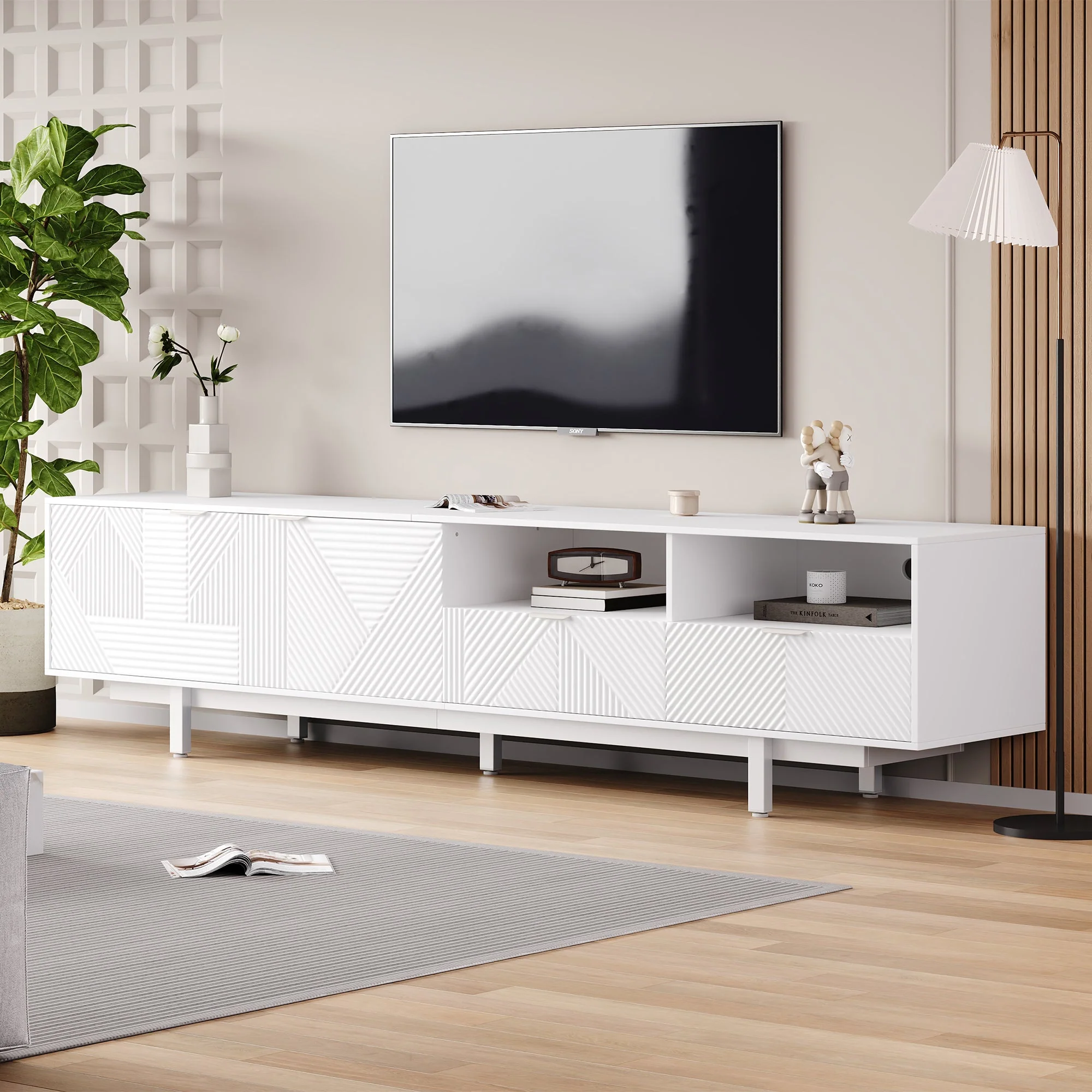 TV Cabinet, Modern Bohemian Abstract Geometric Lines, White, 200x40x51cm for 90-inch TVs - Image 2