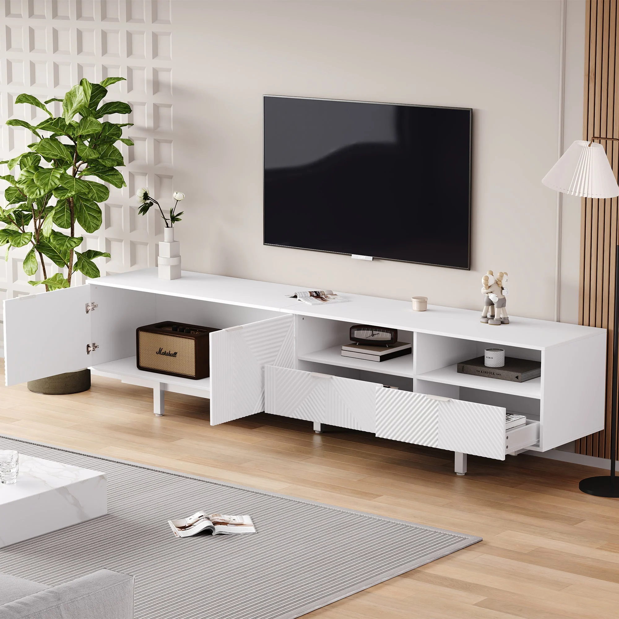 TV Cabinet, Modern Bohemian Abstract Geometric Lines, White, 200x40x51cm for 90-inch TVs - Image 3