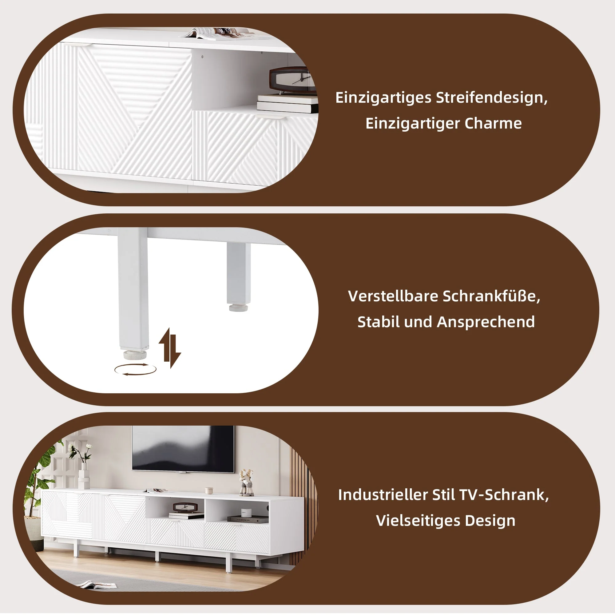TV Cabinet, Modern Bohemian Abstract Geometric Lines, White, 200x40x51cm for 90-inch TVs - Image 4