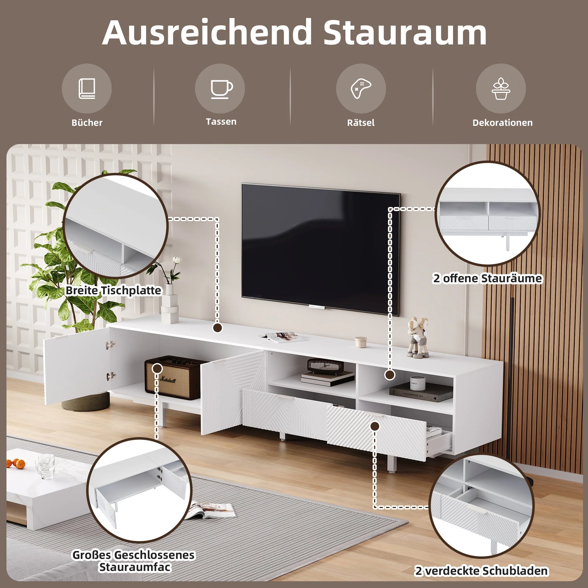 TV Cabinet, Modern Bohemian Abstract Geometric Lines, White, 200x40x51cm for 90-inch TVs - Image 5