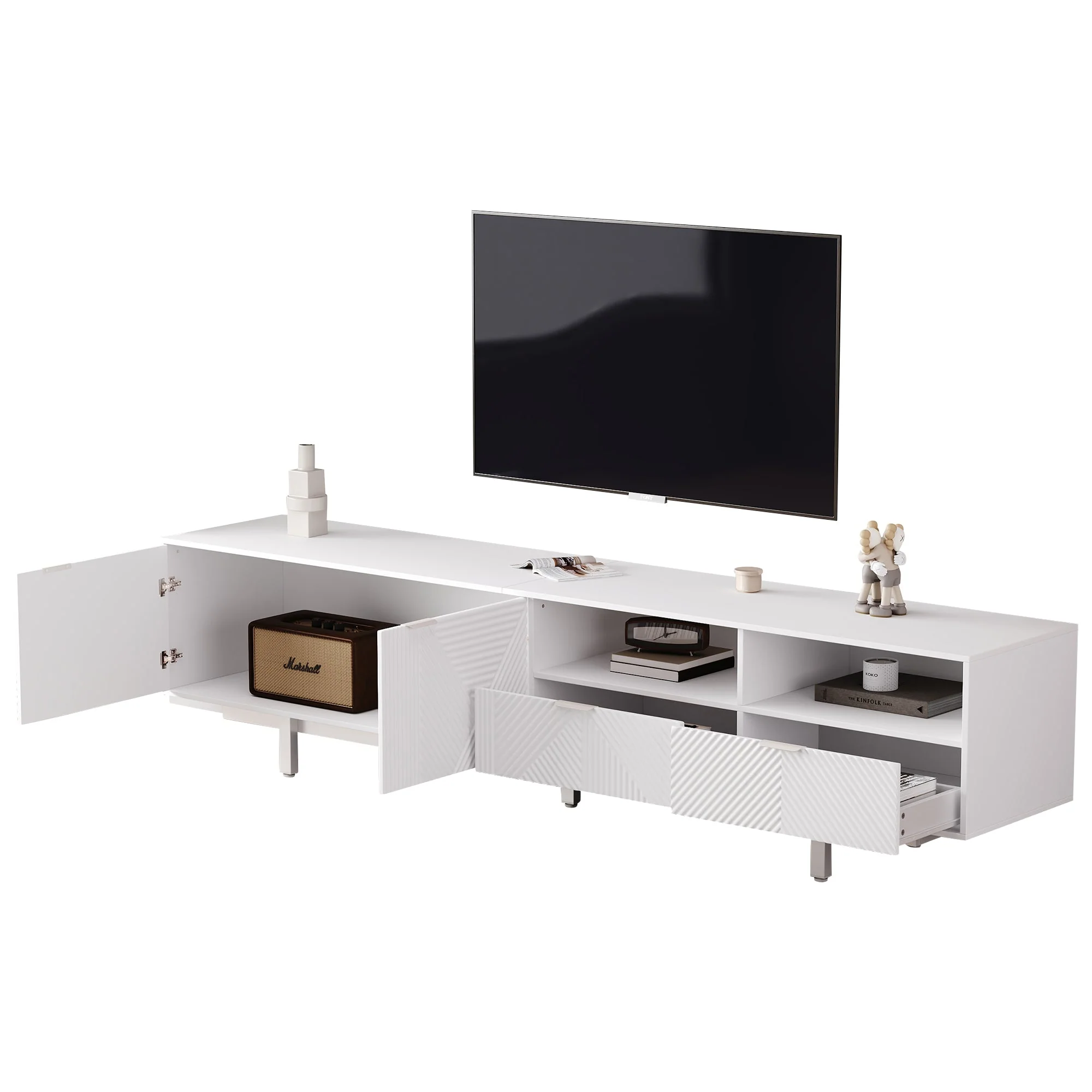TV Cabinet, Modern Bohemian Abstract Geometric Lines, White, 200x40x51cm for 90-inch TVs - Image 7