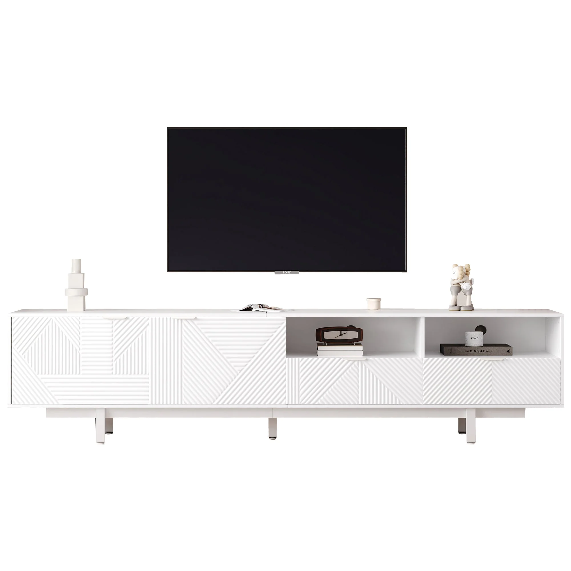 TV Cabinet, Modern Bohemian Abstract Geometric Lines, White, 200x40x51cm for 90-inch TVs - Image 8