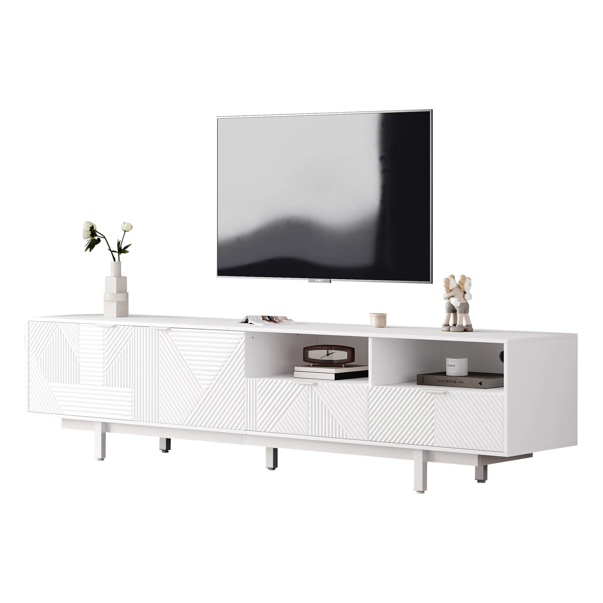 TV Cabinet, Modern Bohemian Abstract Geometric Lines, White, 200x40x51cm for 90-inch TVs - Image 9