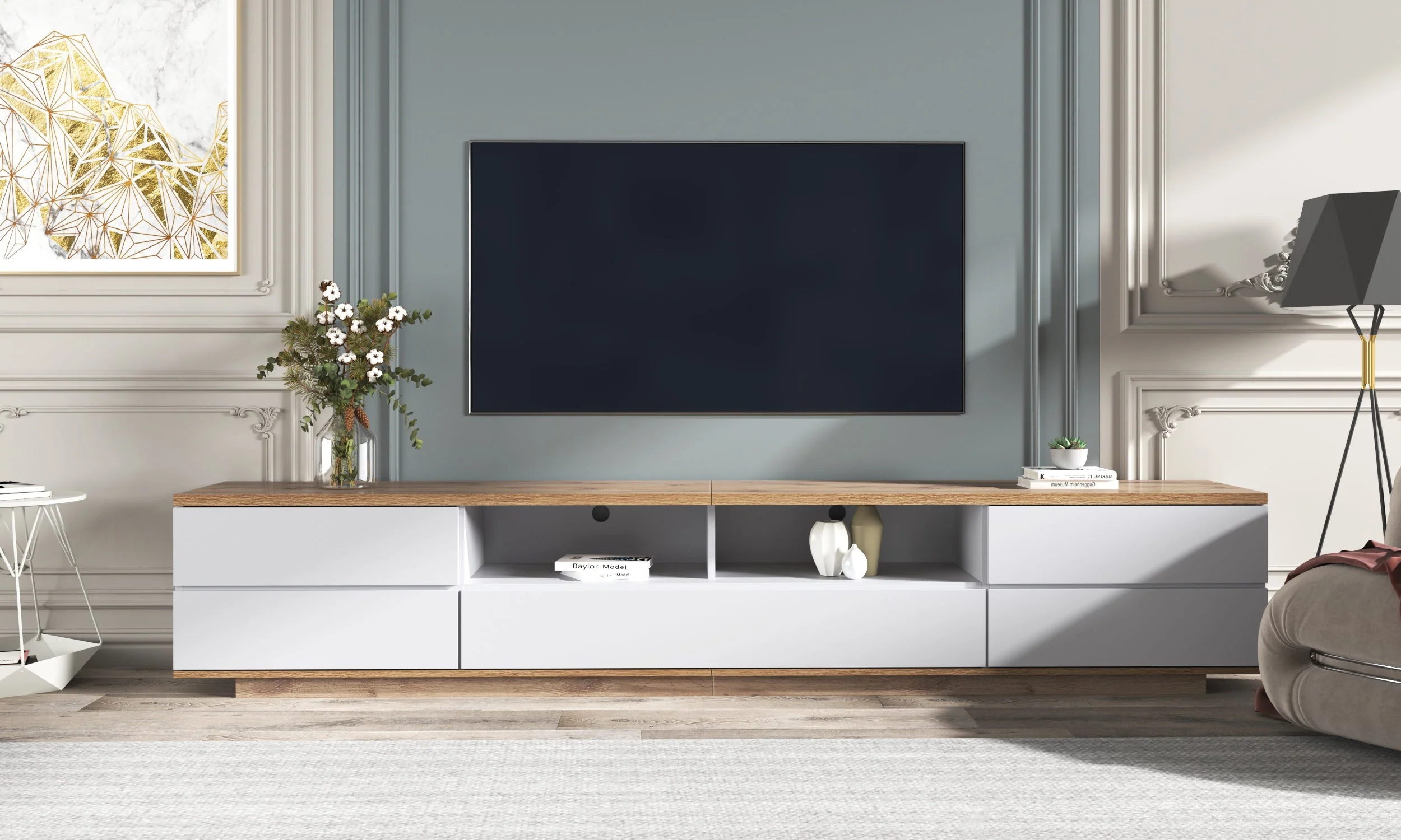TV Cabinet Modern Color-Block 180cm Wood Grain Finish White - Image 9