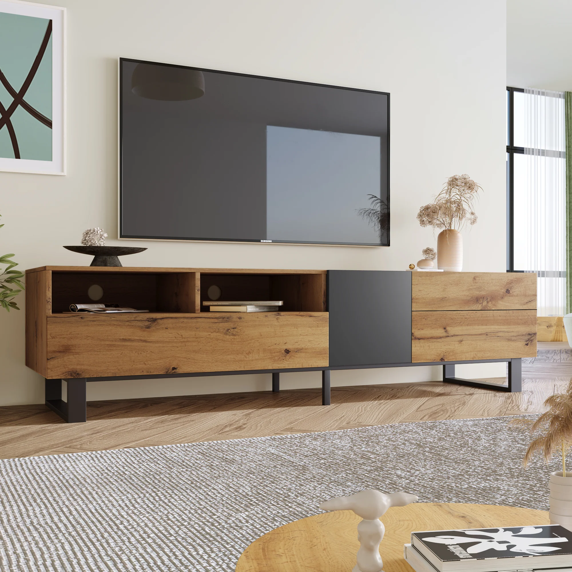 TV Cabinet, Modern Color-Blocking 180cm, Wood Grain - Image 3