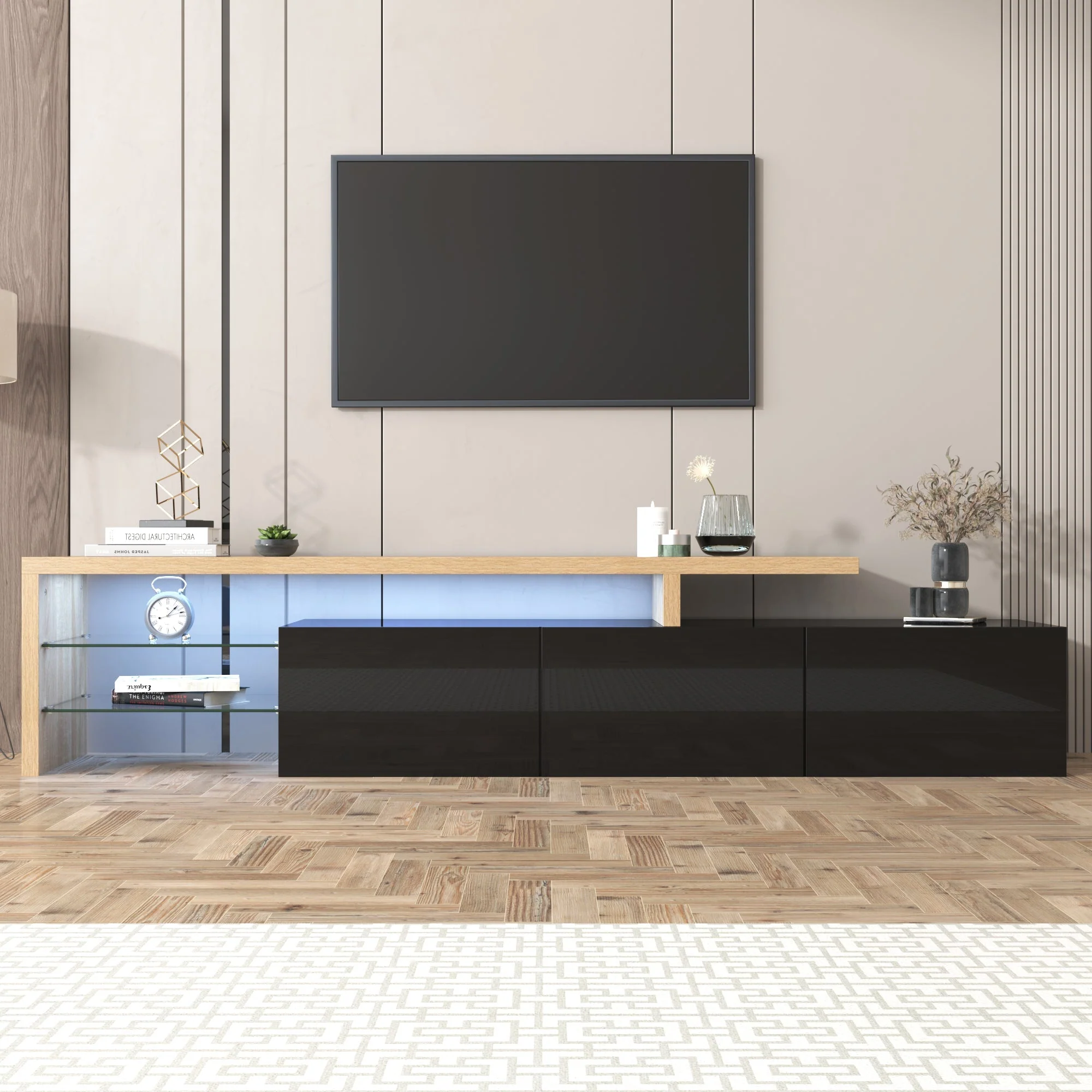 TV Cabinet, Modern Design with Storage, Glass Shelves, High-Gloss Black Wood - Image 4