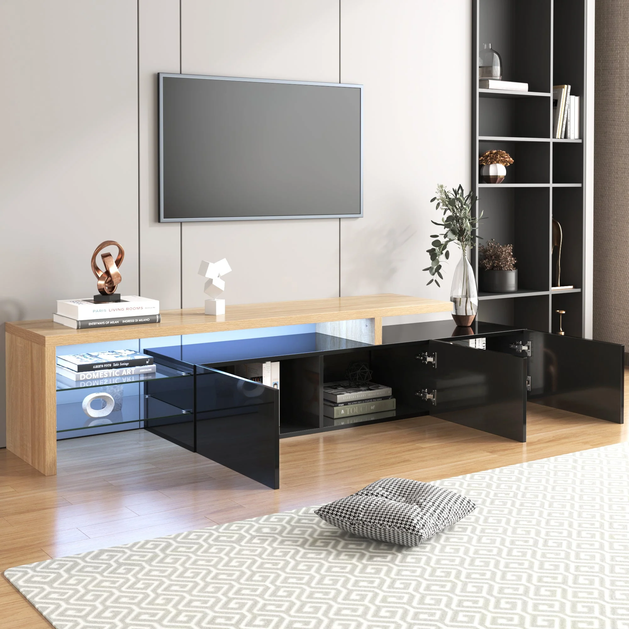 TV Cabinet, Modern Design with Storage, Glass Shelves, High-Gloss Black Wood - Image 8