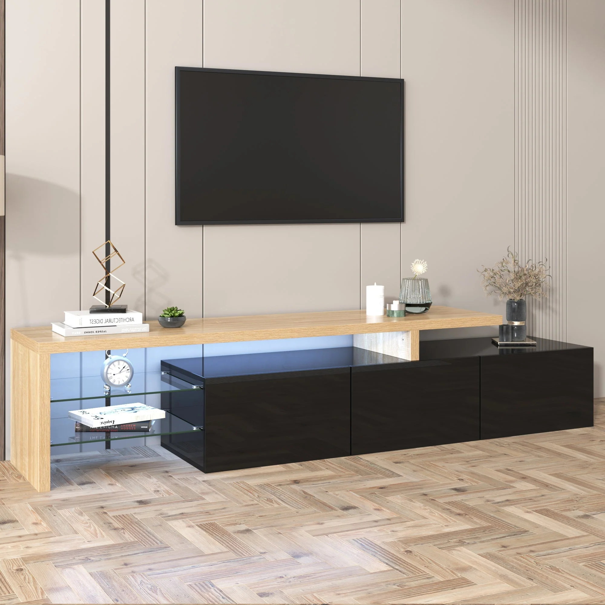 TV Cabinet, Modern Design with Storage, Glass Shelves, High-Gloss Black Wood - Image 9