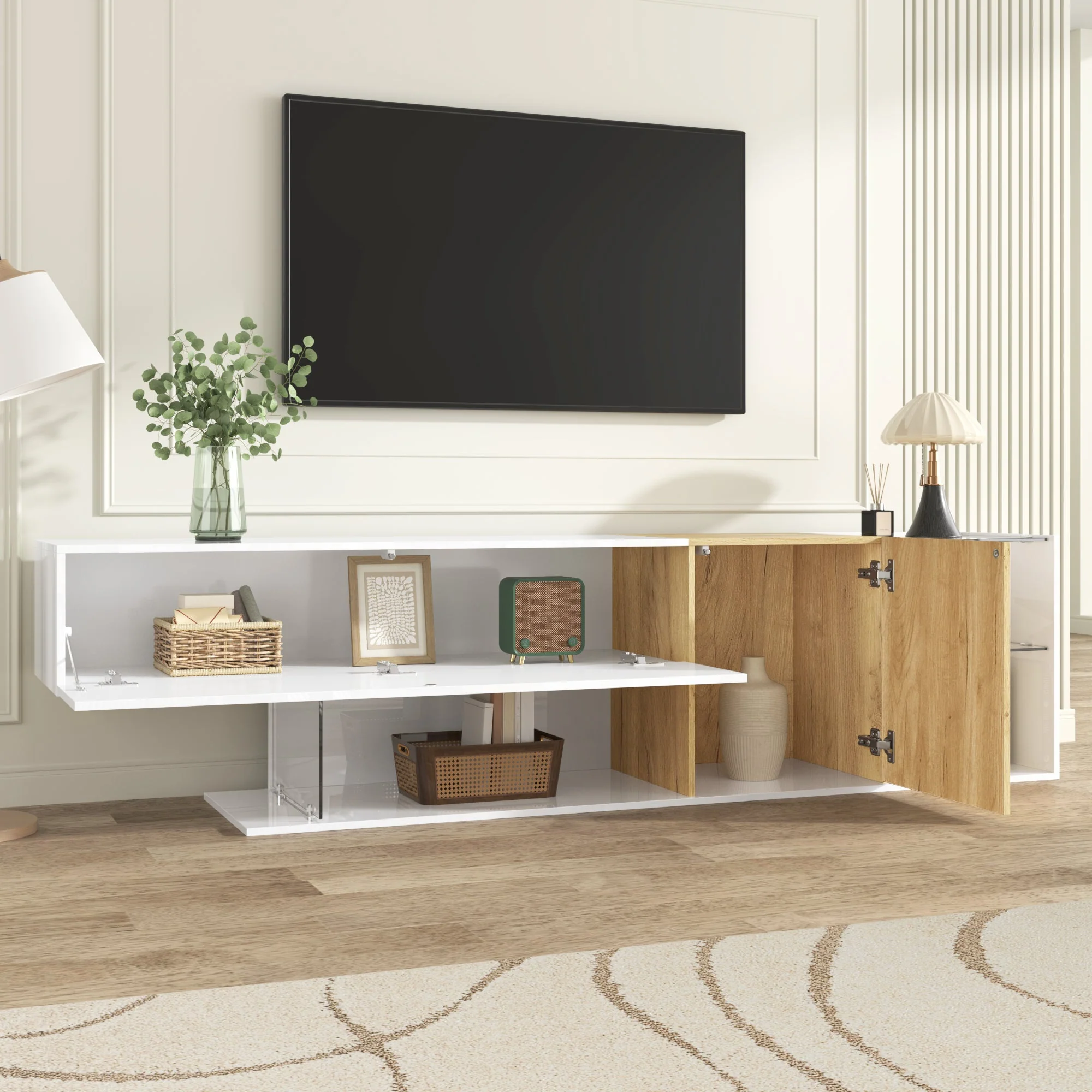 TV Cabinet, Modern High-Gloss with Glass Shelves, White Wood - Image 10