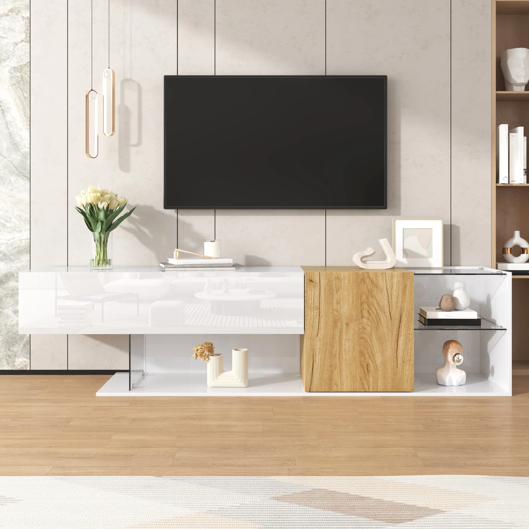 TV Cabinet, Modern High-Gloss with Glass Shelves, White Wood - Image 3