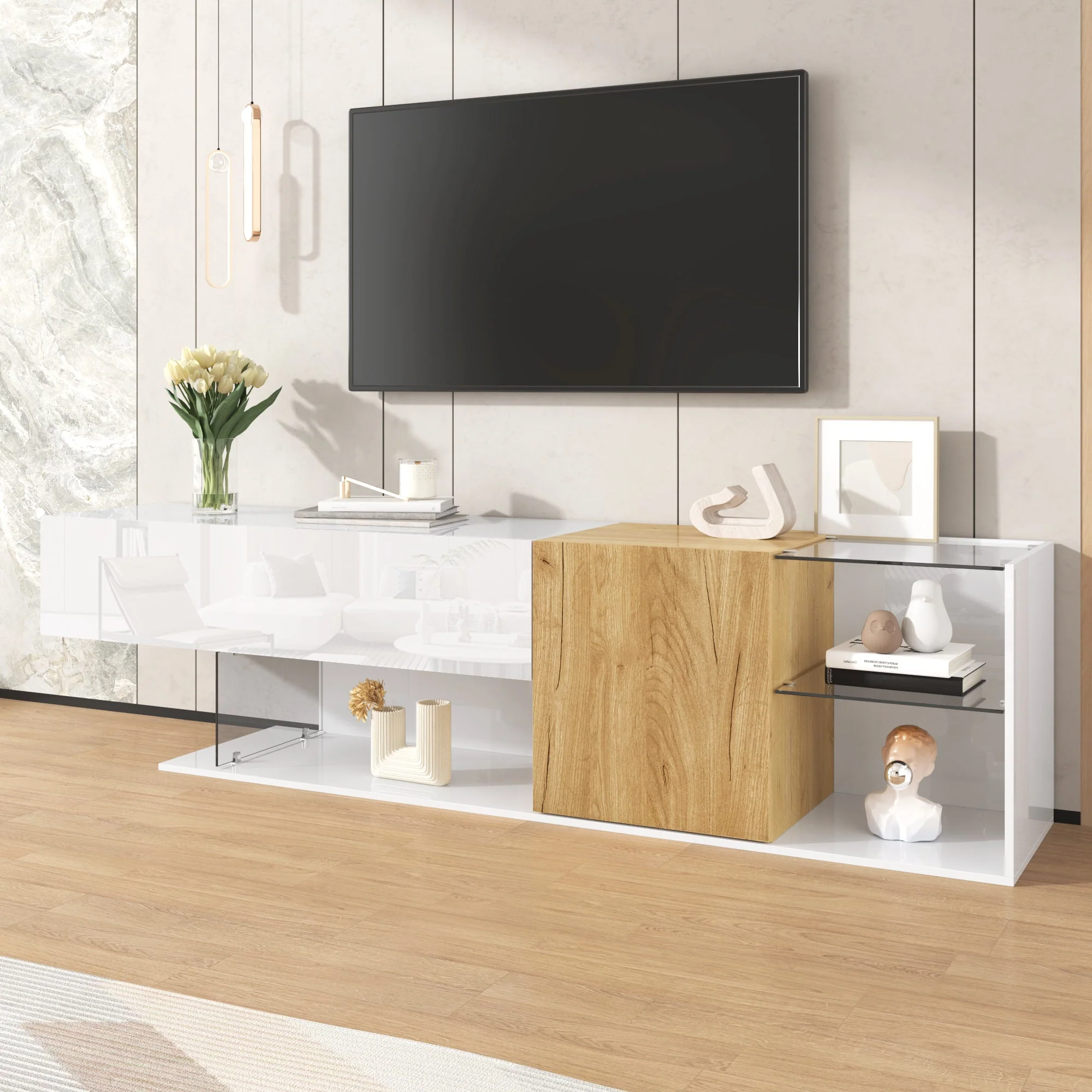 TV Cabinet, Modern High-Gloss with Glass Shelves, White Wood - Image 4