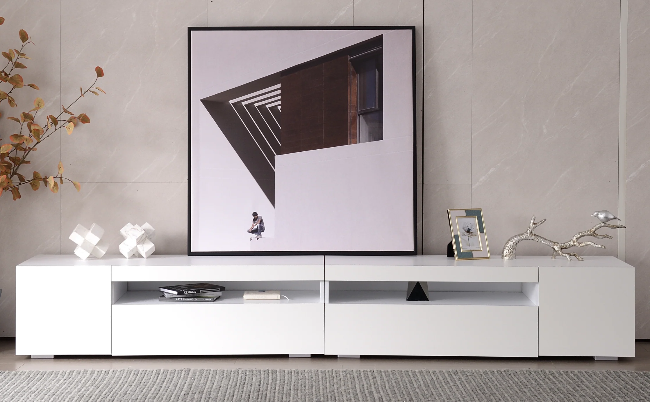 TV Cabinet, Modern LED Lighting, 240cm, White - Image 9