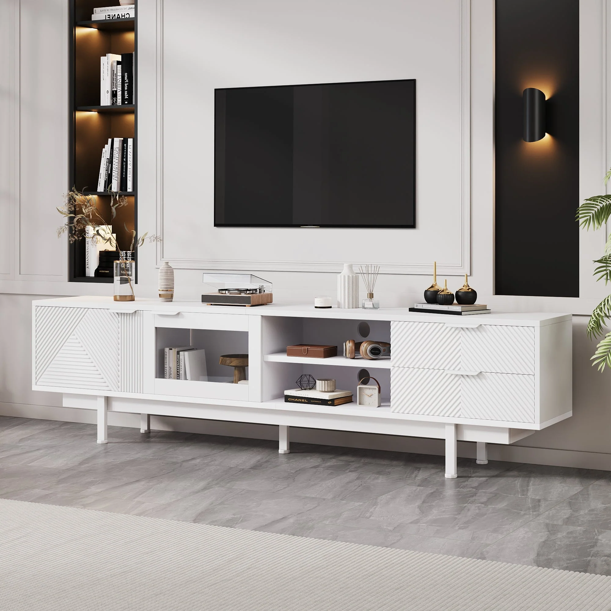 TV Cabinet, Modern Simple 80-inch with 2 Doors & 2 Drawers, White - Image 5