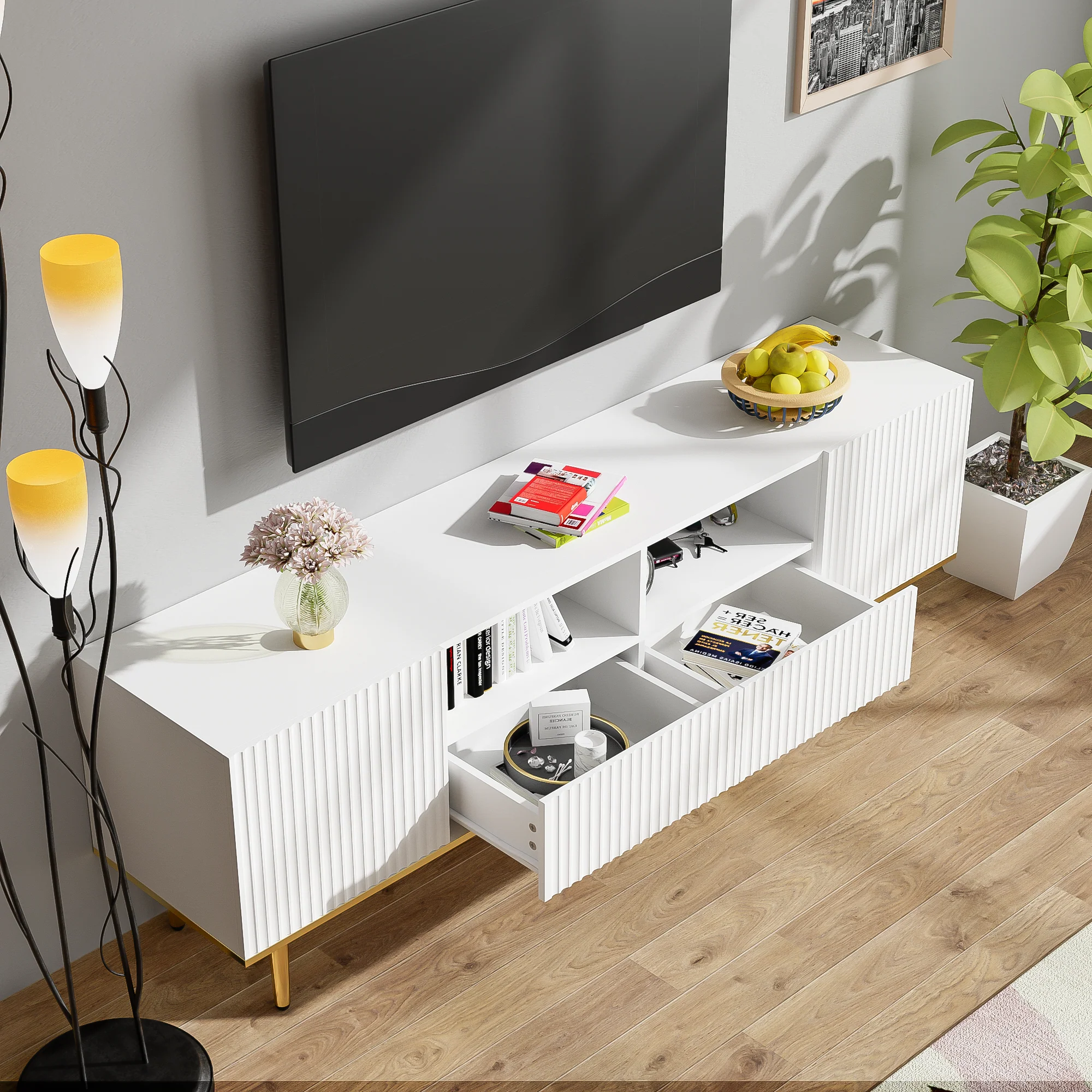 TV Cabinet, Modern with Gold Legs and Trim, Gold - Image 2